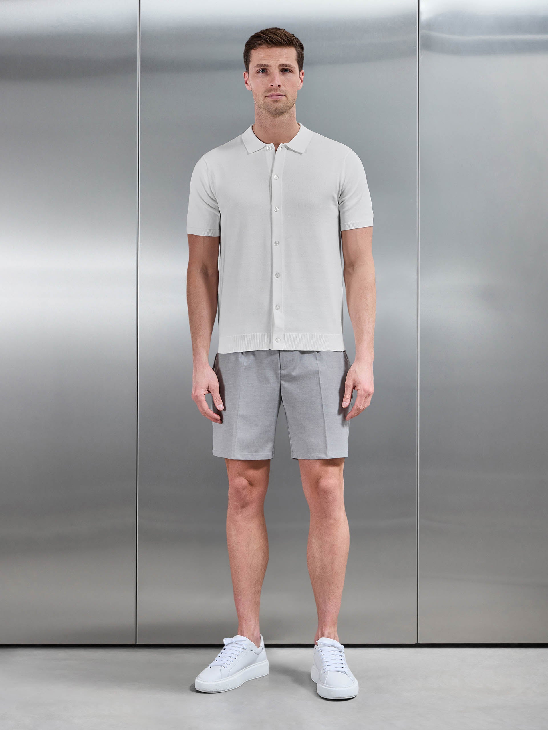 Cotton Knitted Button Through Short Sleeve Shirt in White