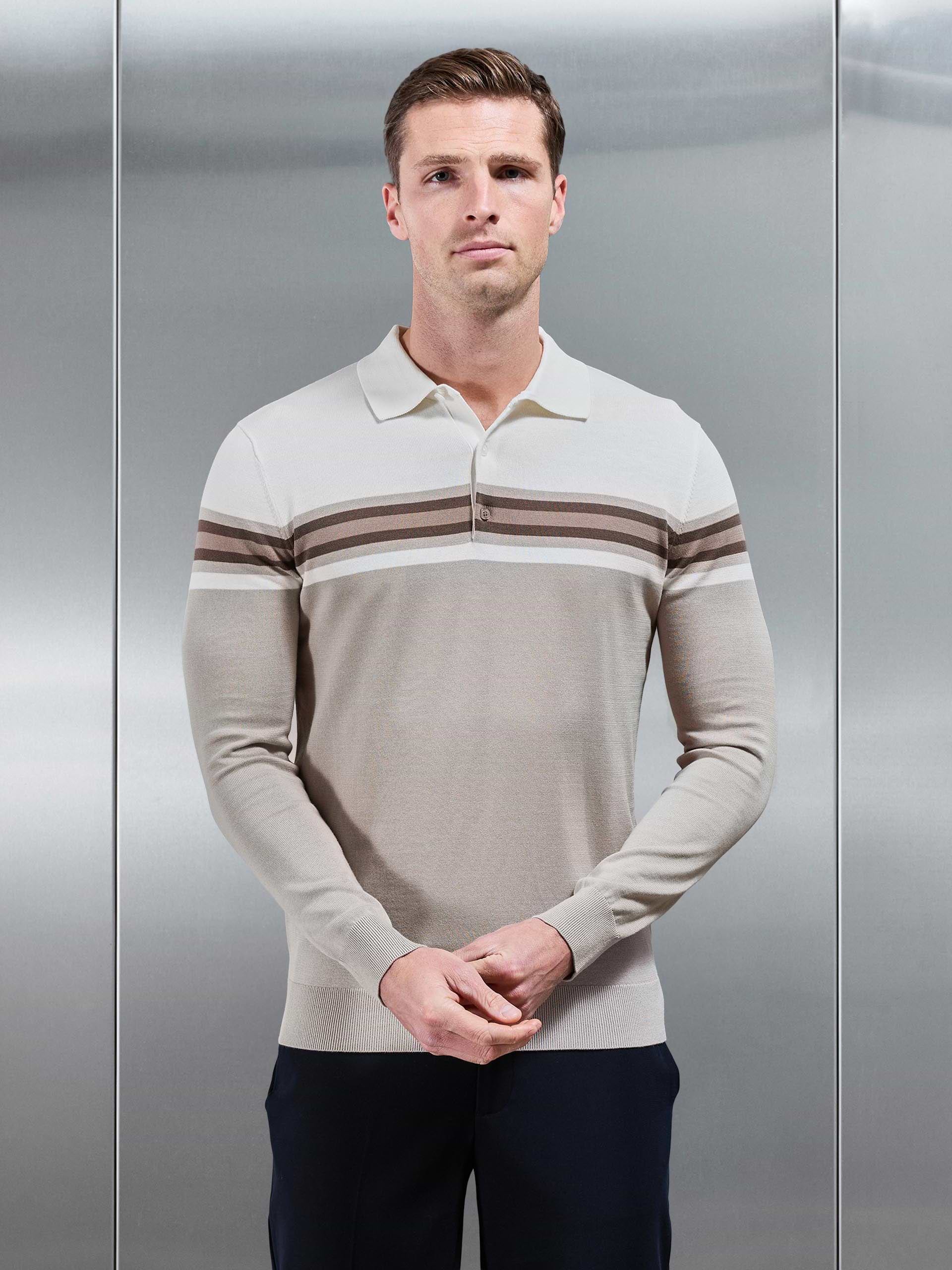 Cotton Knitted Colour Block Button Polo Shirt in Taupe