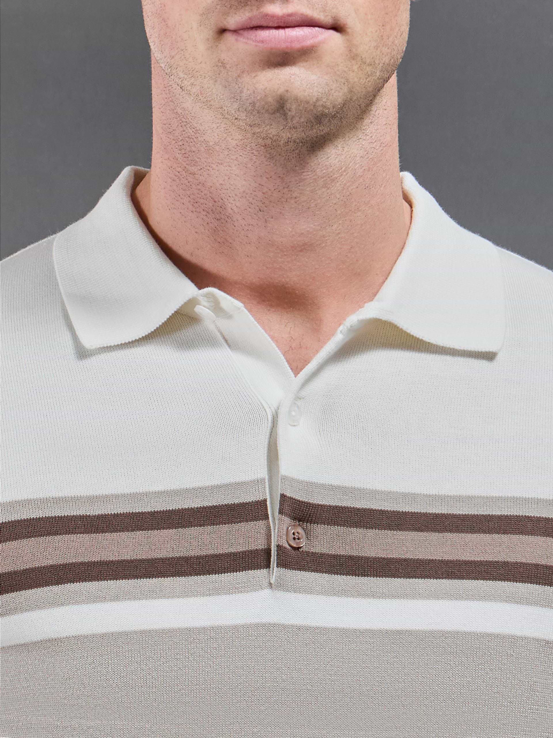 Cotton Knitted Colour Block Button Polo Shirt in Taupe