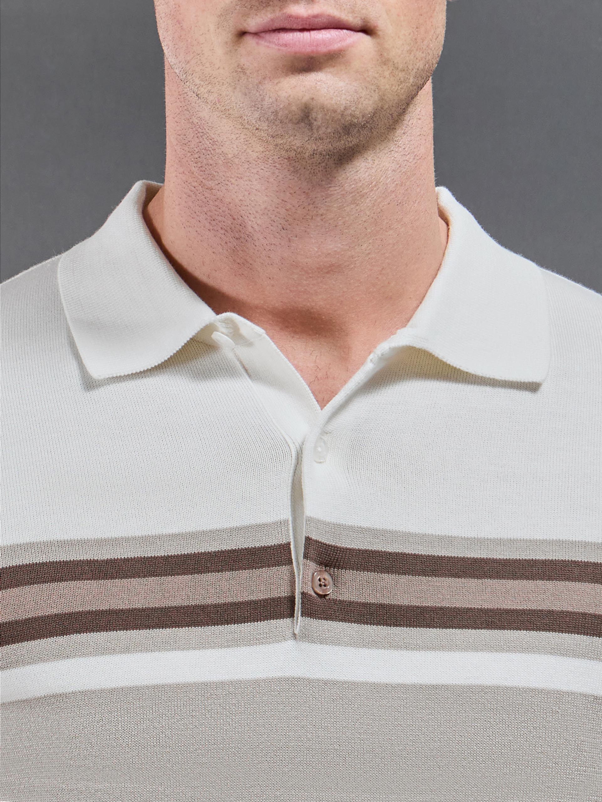 Cotton Knitted Colour Block Button Polo Shirt in Taupe
