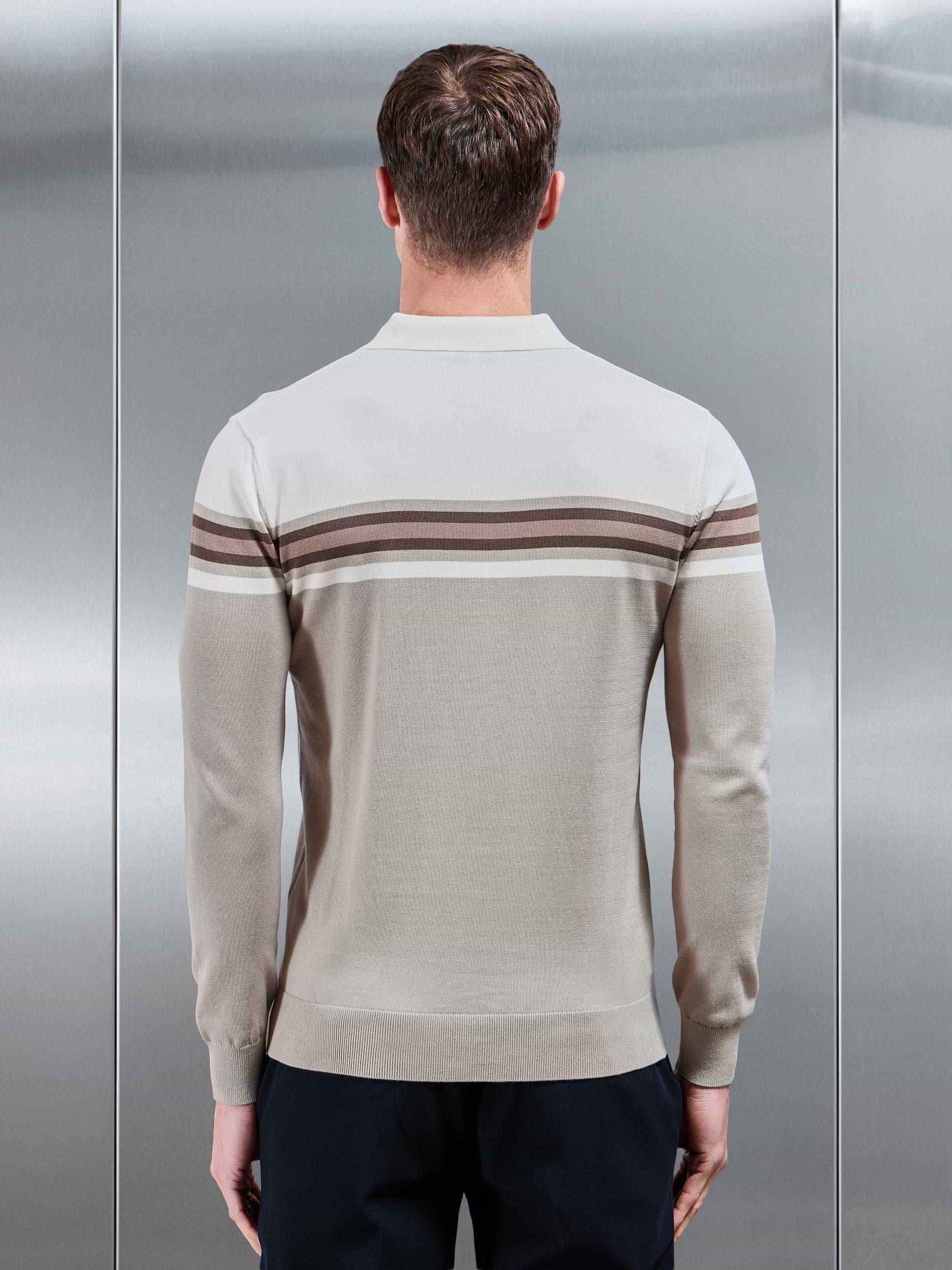 Cotton Knitted Colour Block Button Polo Shirt in Taupe