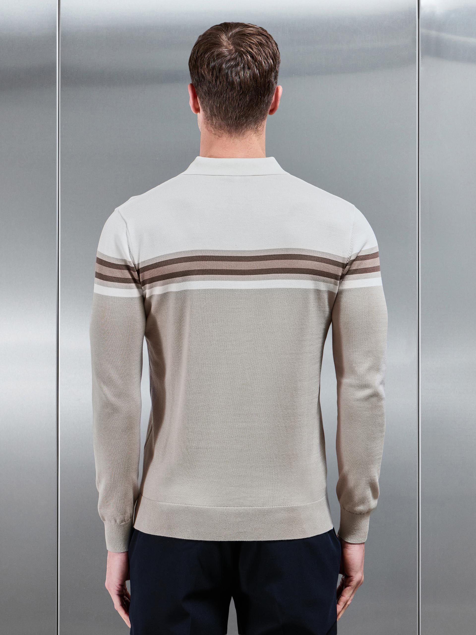 Cotton Knitted Colour Block Button Polo Shirt in Taupe