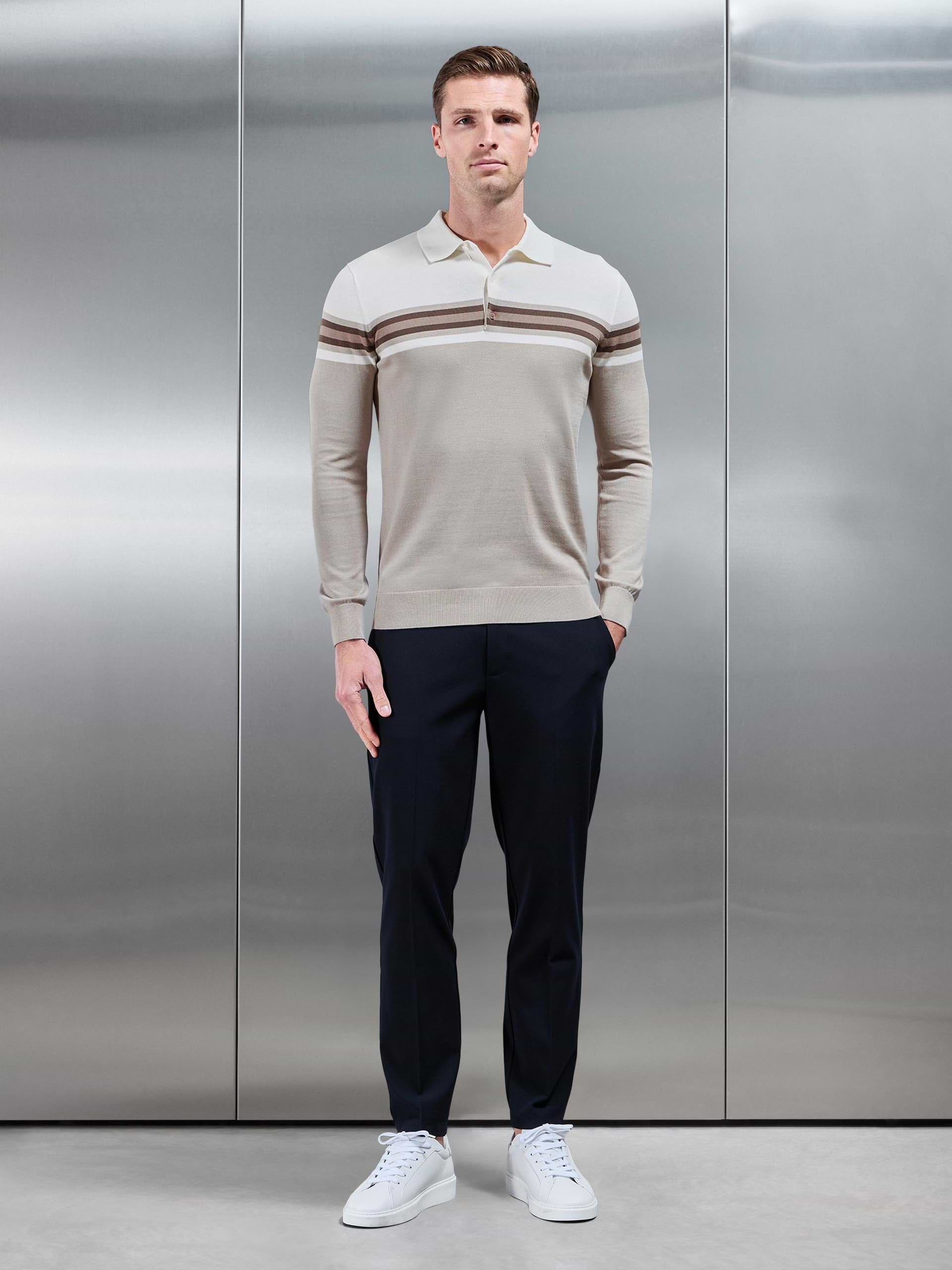 Cotton Knitted Colour Block Button Polo Shirt in Taupe