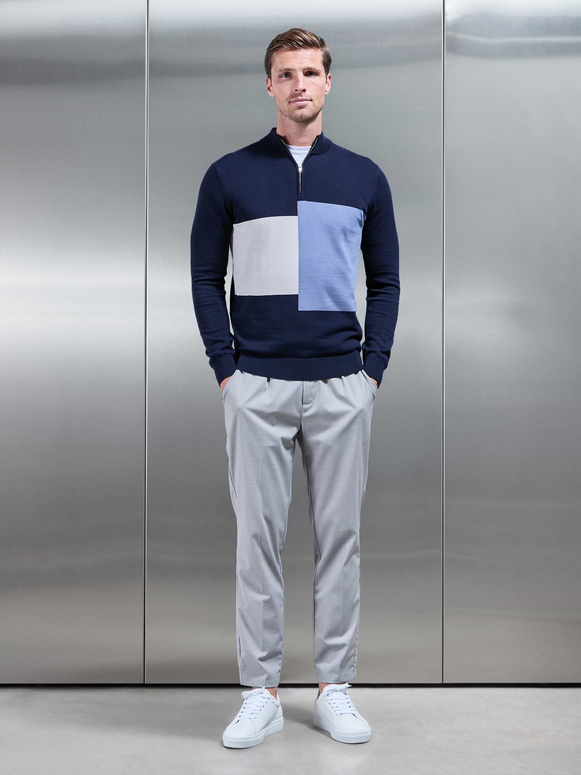 Cotton Knitted Colour Block Half Zip in Navy