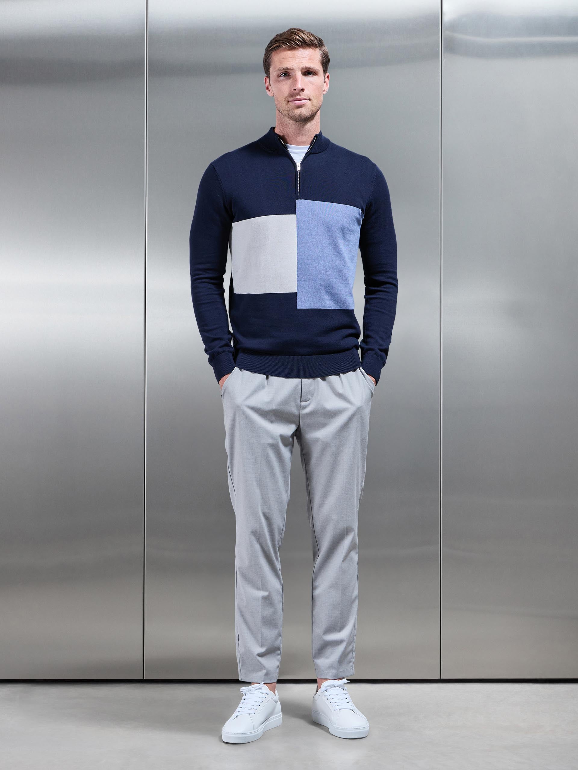 Cotton Knitted Colour Block Half Zip in Navy