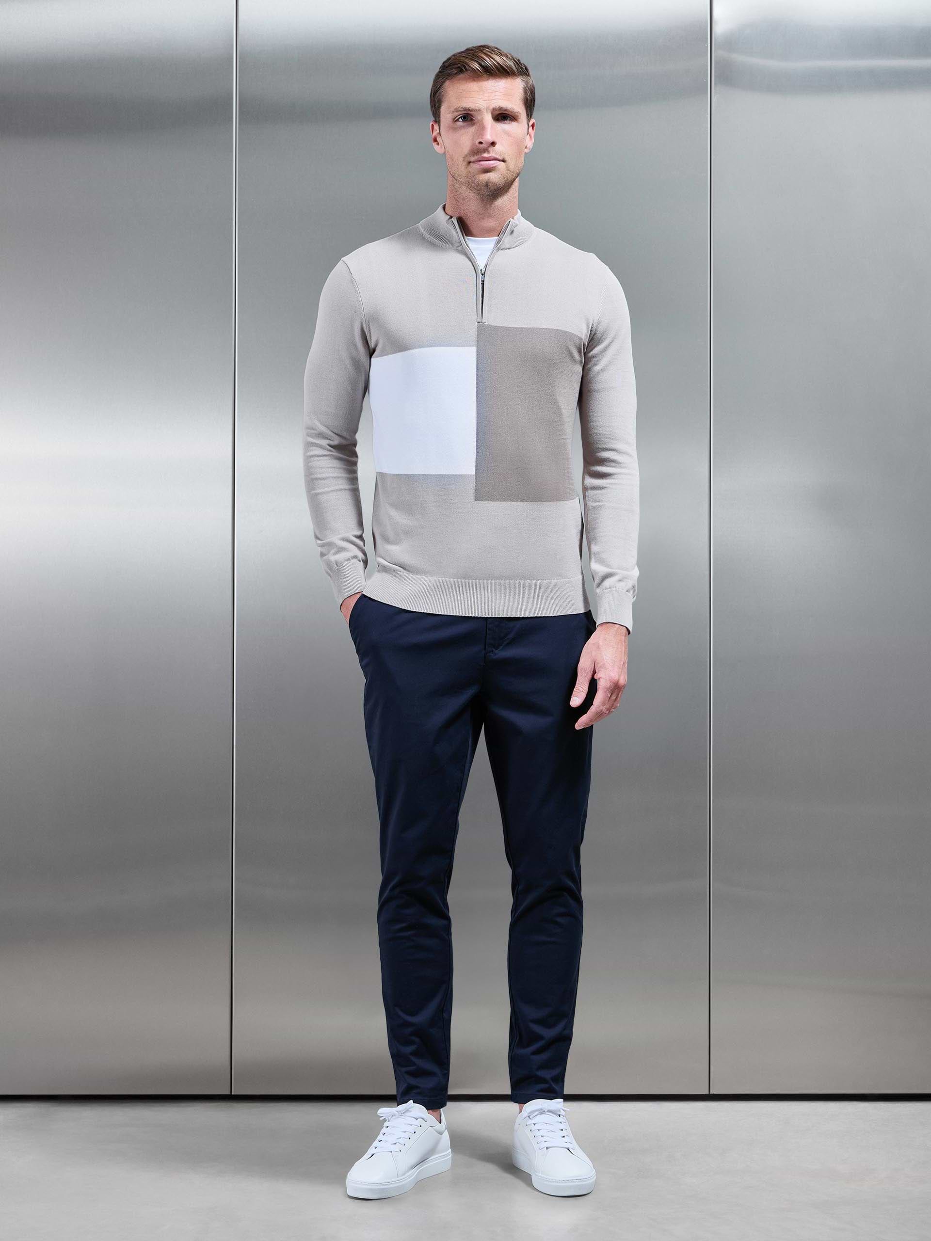 Cotton Knitted Colour Block Half Zip in Stone