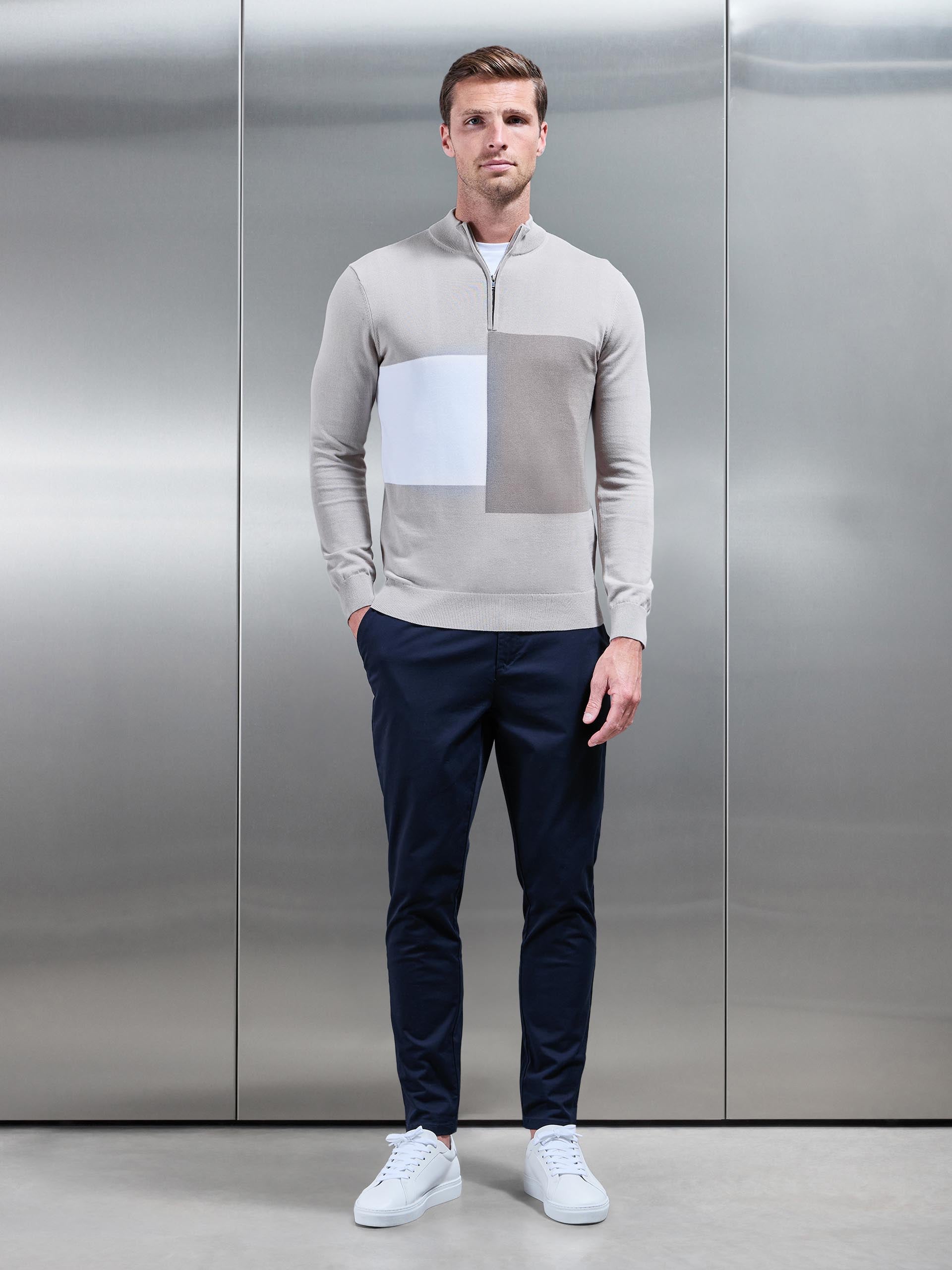 Cotton Knitted Colour Block Half Zip in Stone