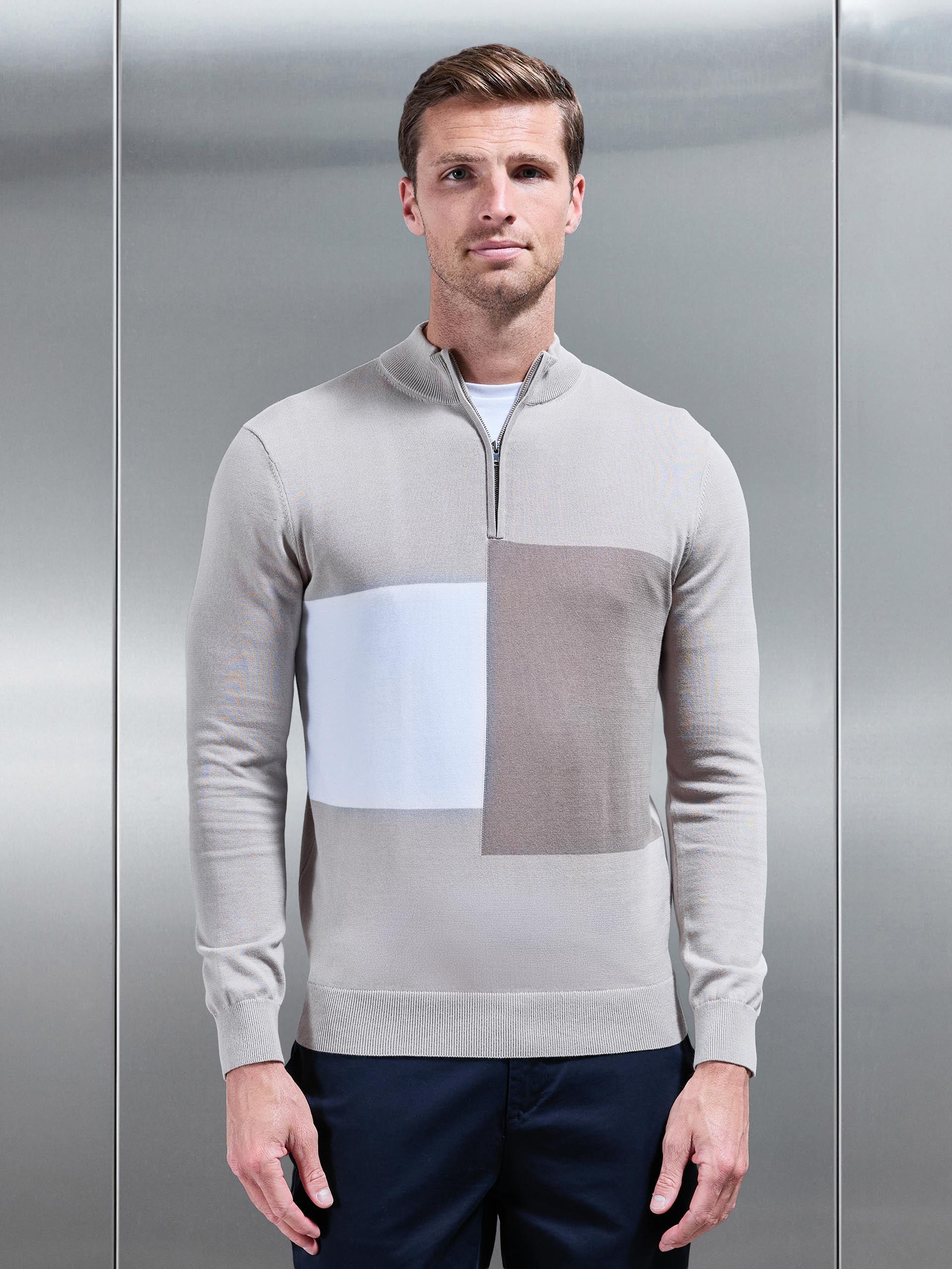 Cotton Knitted Colour Block Half Zip in Stone