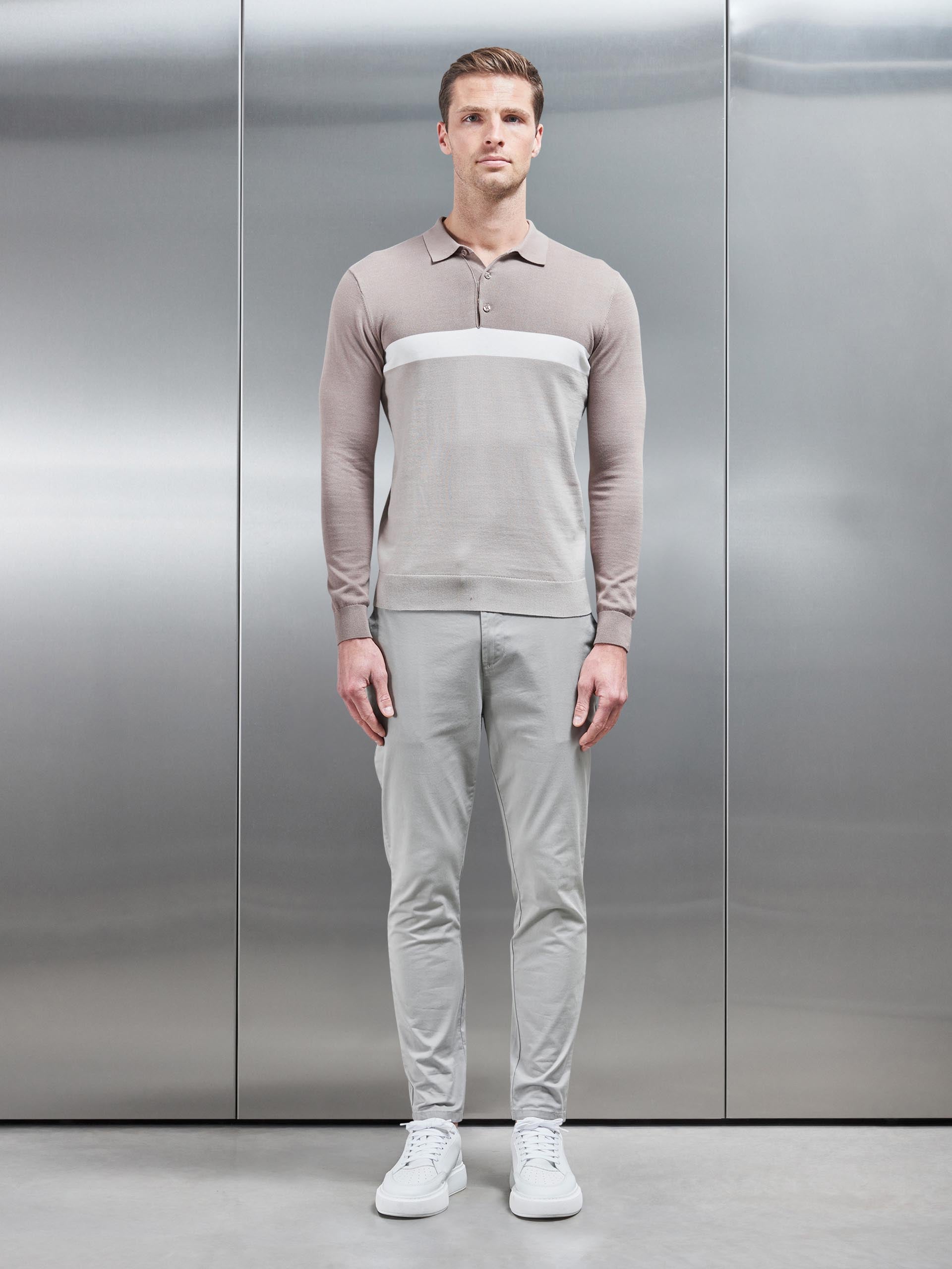 Cotton Knitted Colour Block Polo Shirt in Taupe