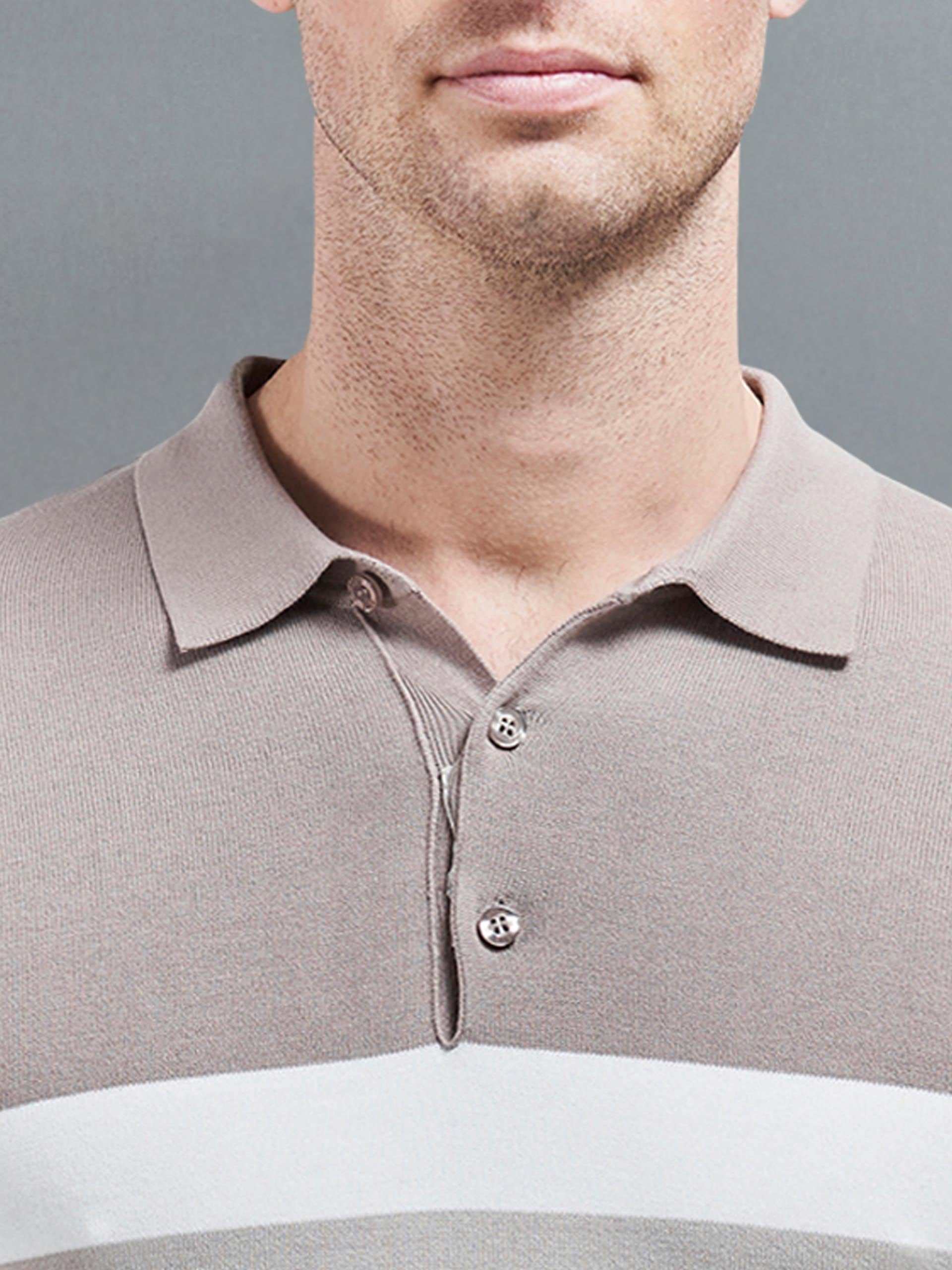 Cotton Knitted Colour Block Polo Shirt in Taupe