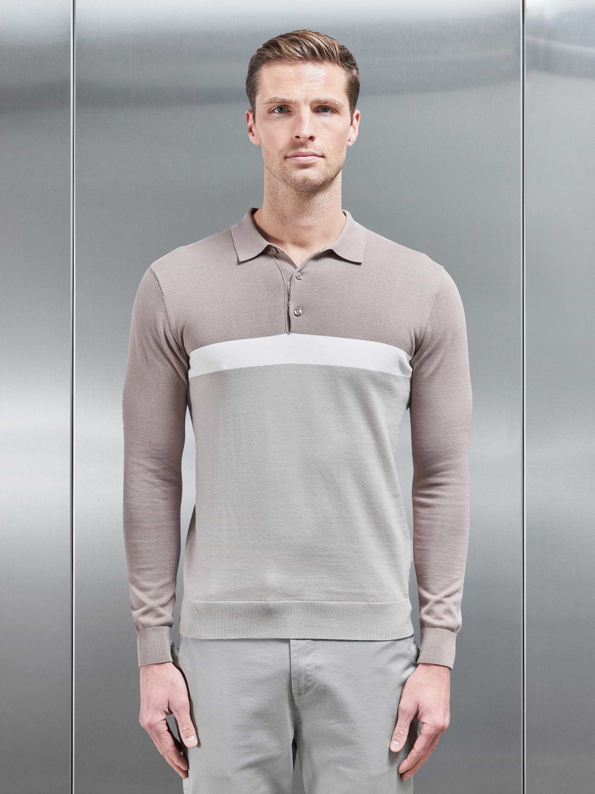 Cotton Knitted Colour Block Polo Shirt in Taupe
