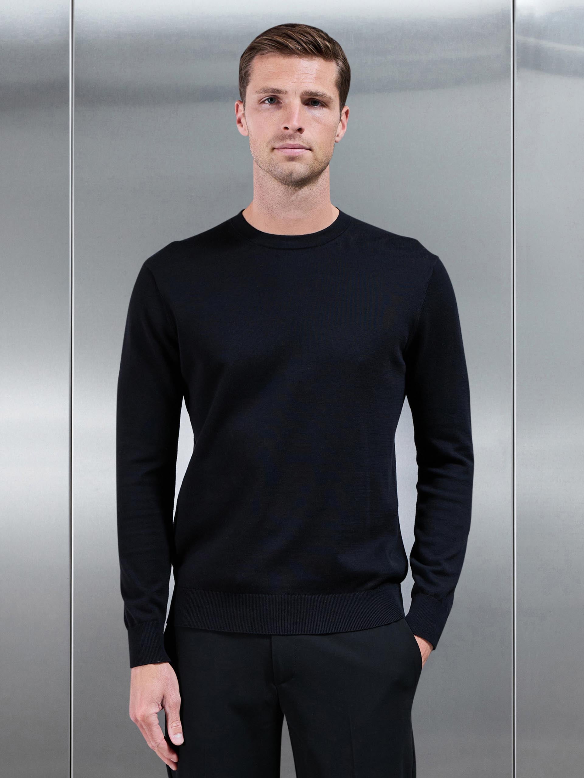 Cotton Knitted Crew Neck Sweatshirt in Black