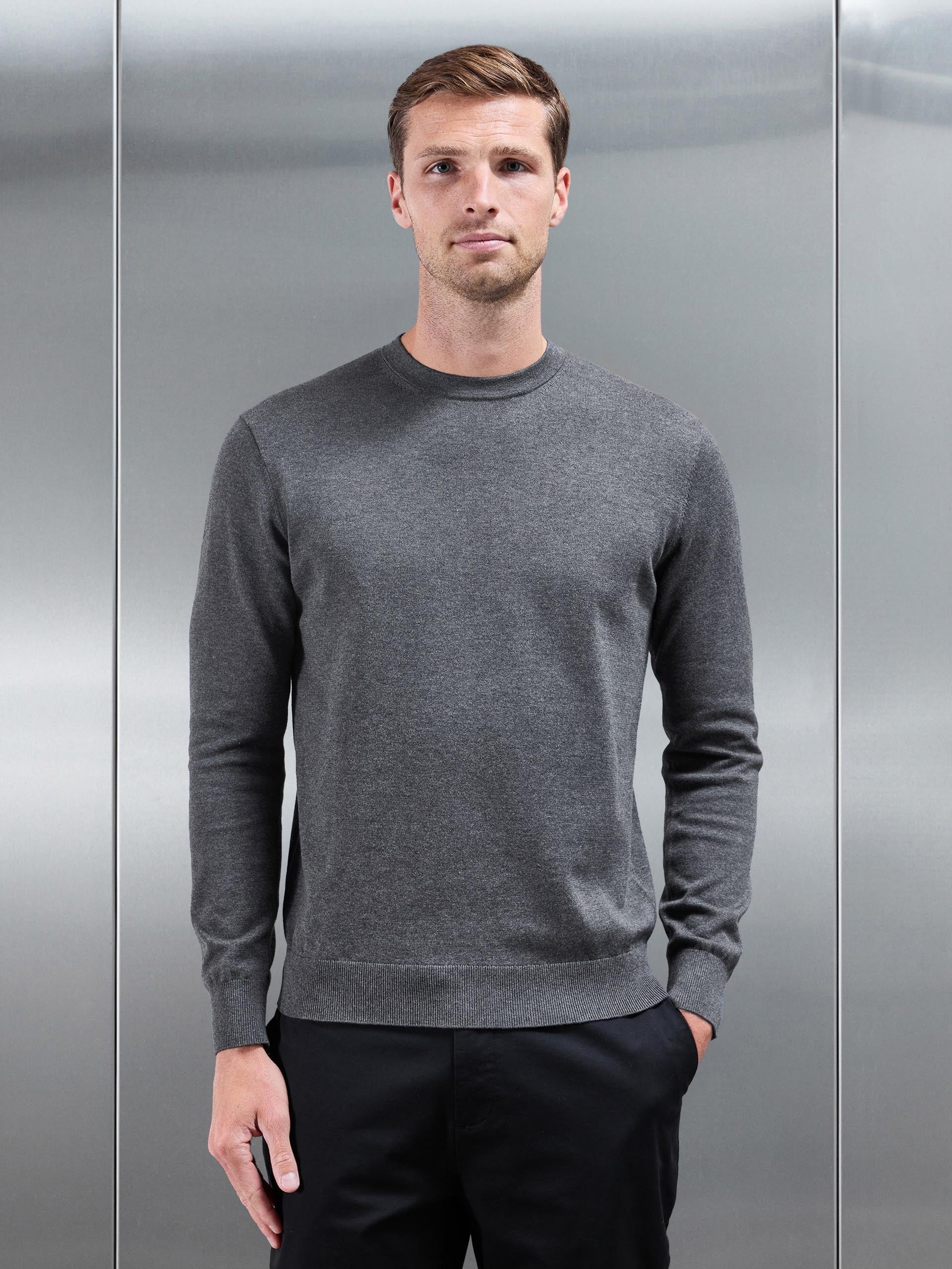 Cotton Knitted Crew Neck Sweatshirt in Charcoal Marl