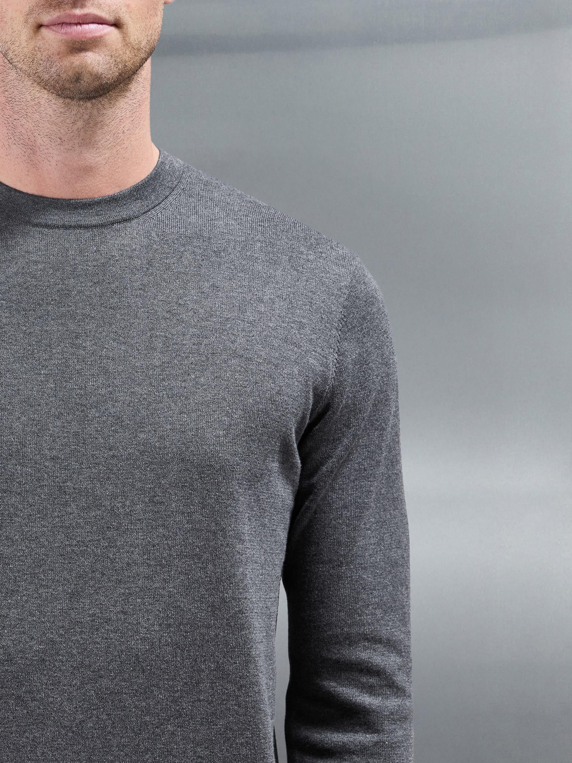 Cotton Knitted Crew Neck Sweatshirt in Charcoal Marl