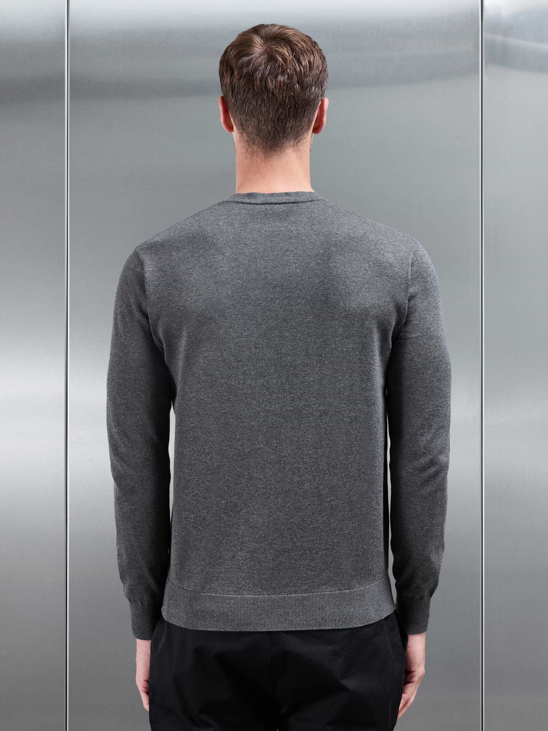 Cotton Knitted Crew Neck Sweatshirt in Charcoal Marl