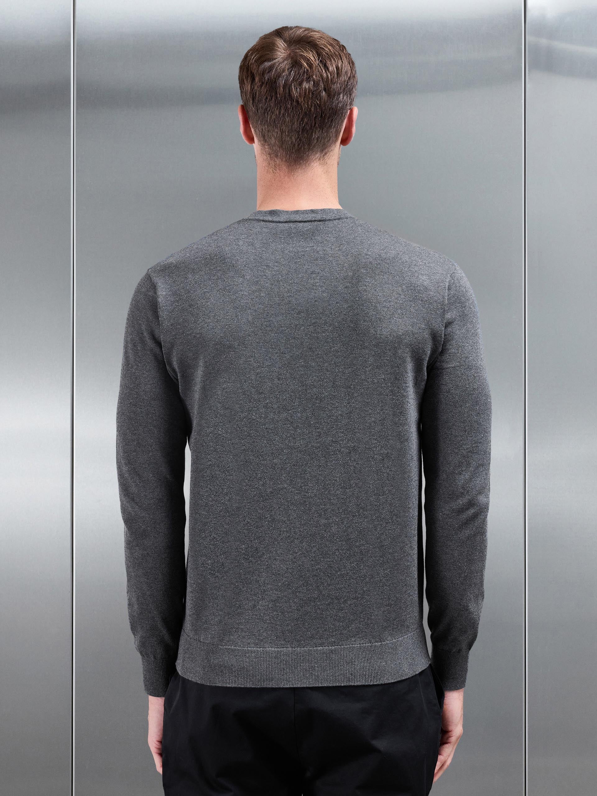 Cotton Knitted Crew Neck Sweatshirt in Charcoal Marl