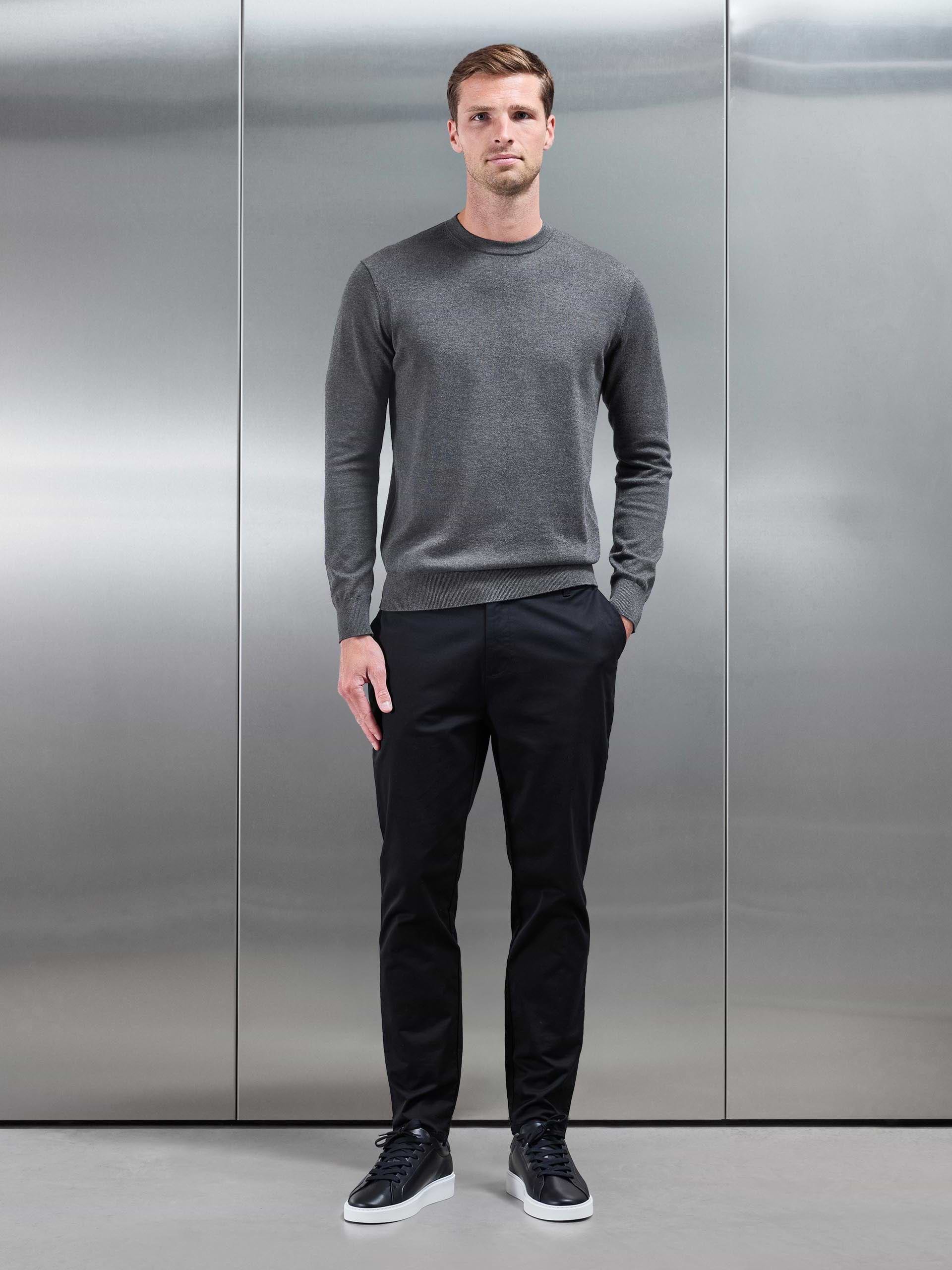 Cotton Knitted Crew Neck Sweatshirt in Charcoal Marl