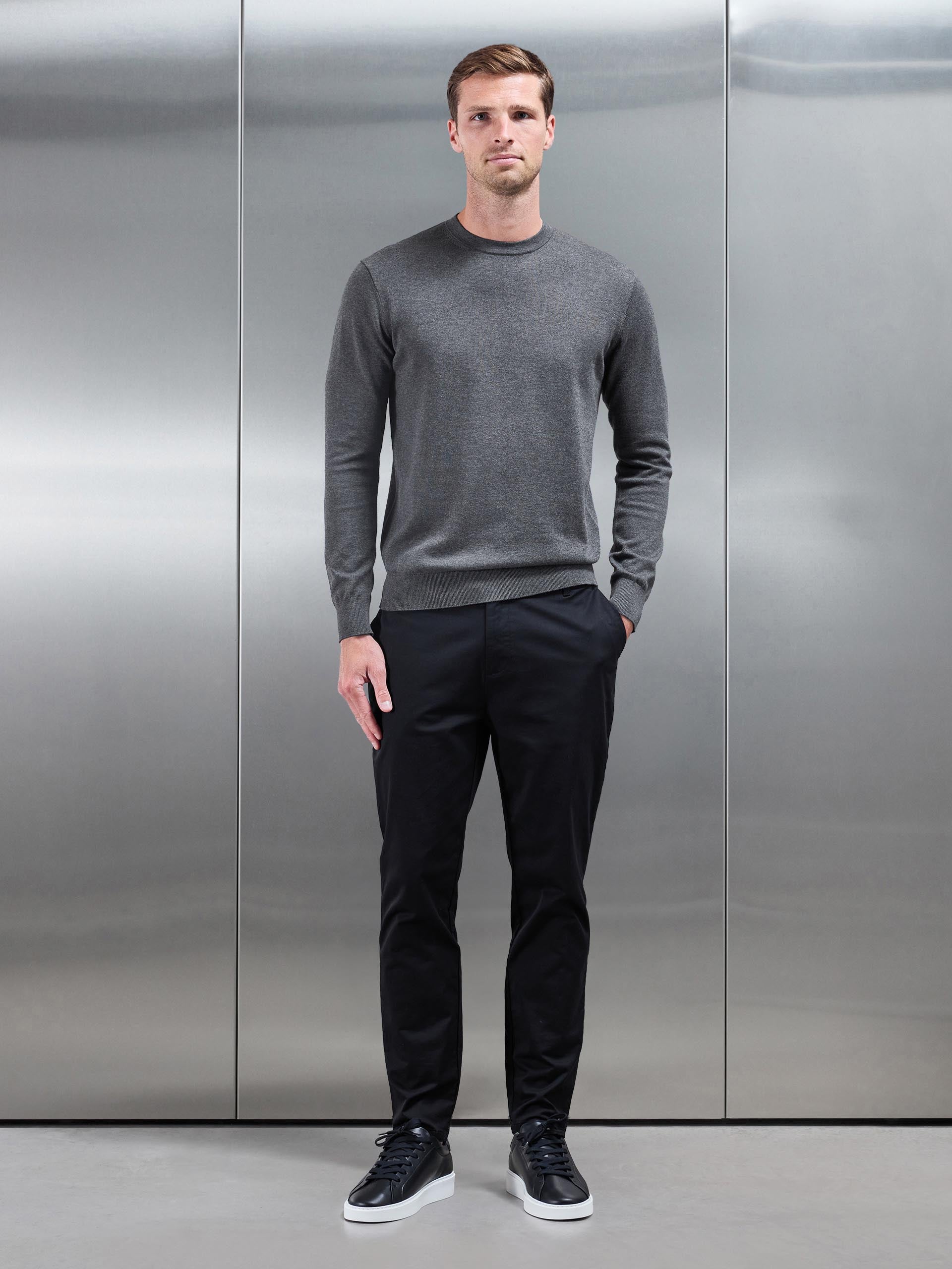 Cotton Knitted Crew Neck Sweatshirt in Charcoal Marl