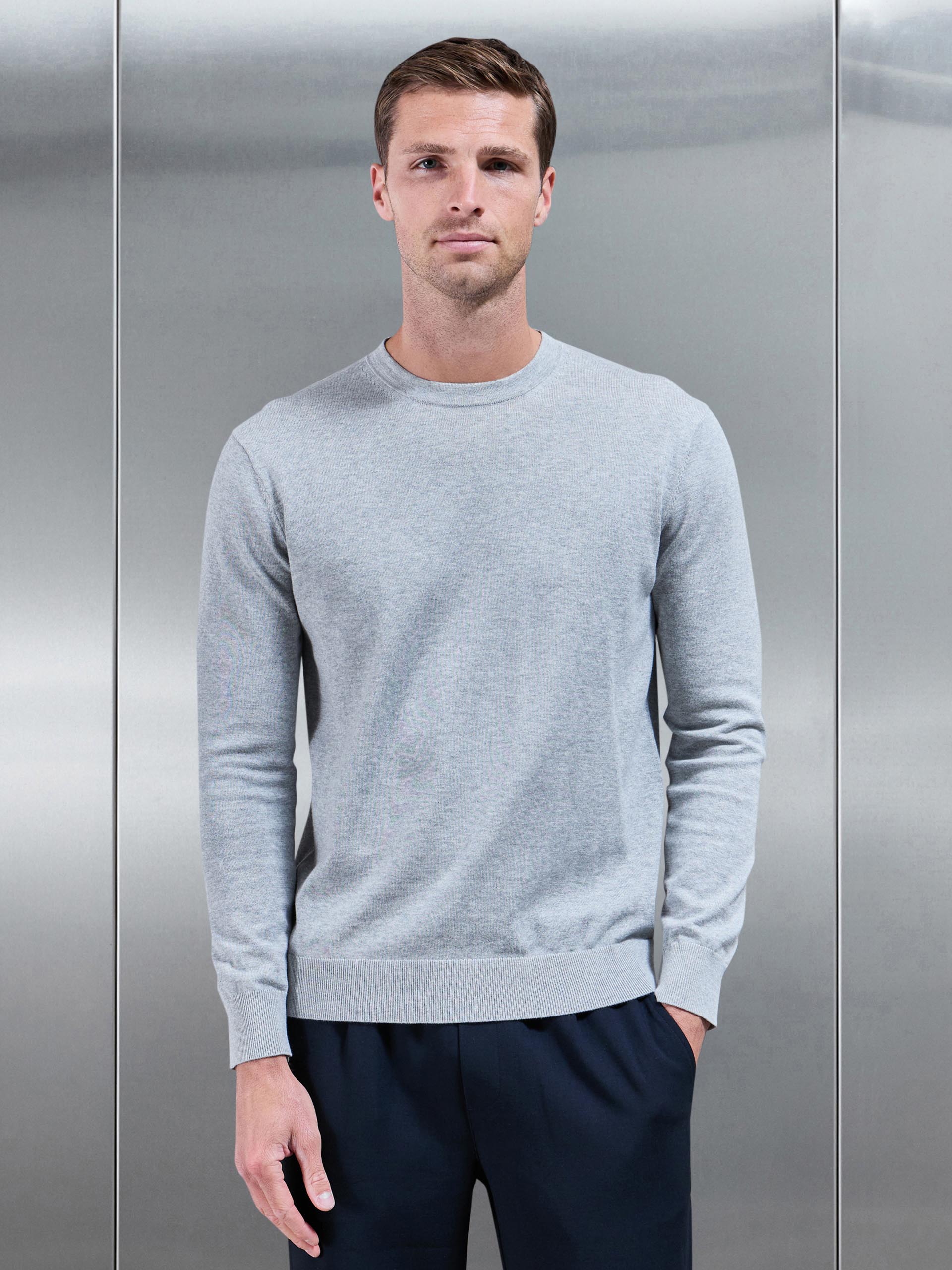 Cotton Knitted Crew Neck Sweatshirt in Marl Grey
