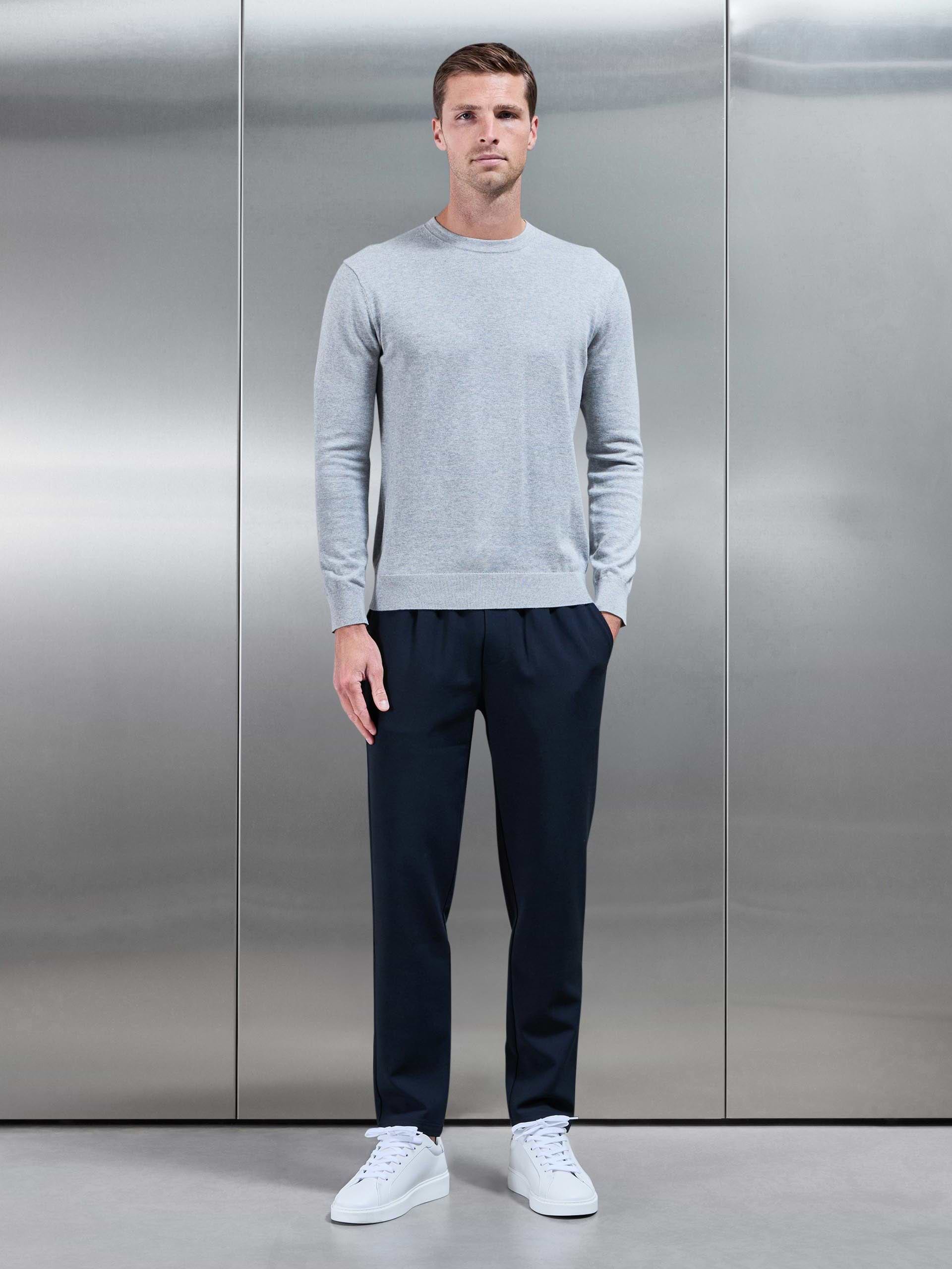 Cotton Knitted Crew Neck Sweatshirt in Marl Grey