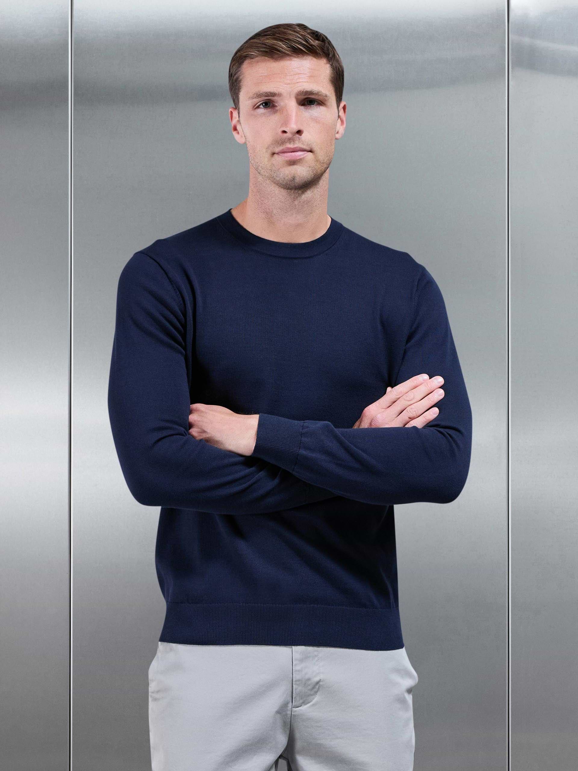 Cotton Knitted Crew Neck Sweatshirt in Navy