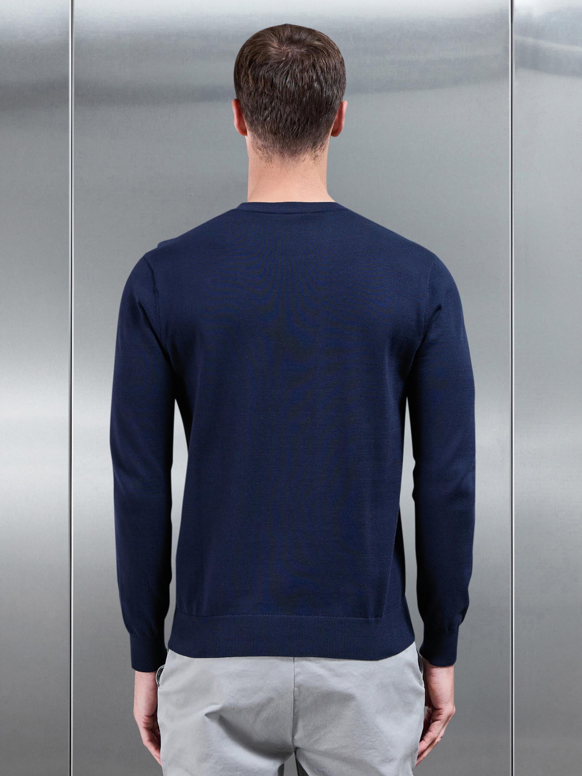 Cotton Knitted Crew Neck Sweatshirt in Navy