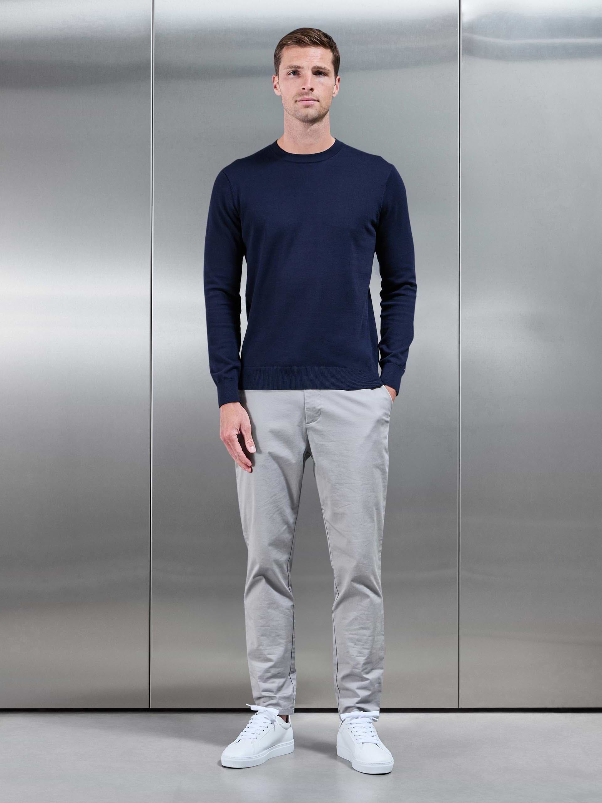 Cotton Knitted Crew Neck Sweatshirt in Navy