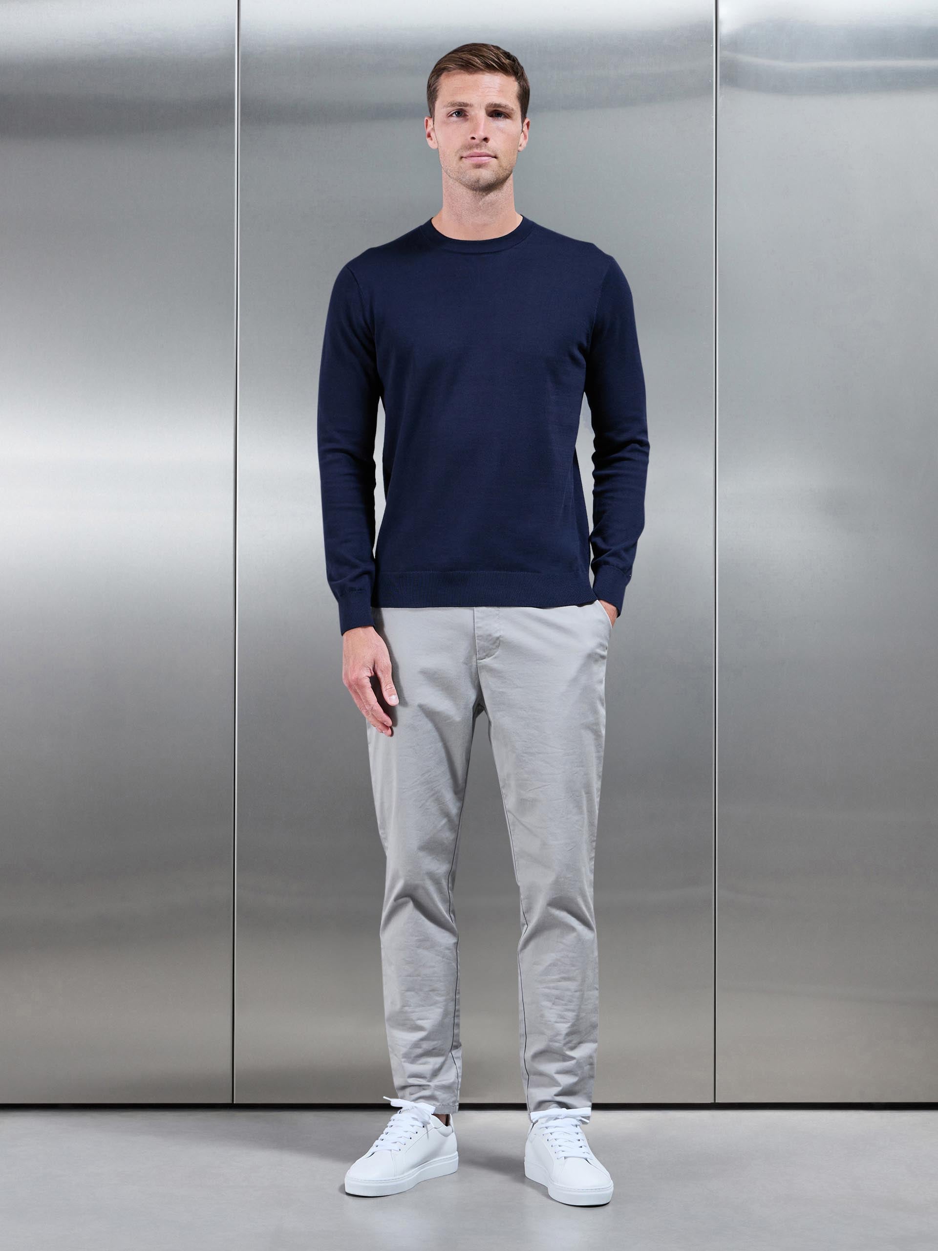 Cotton Knitted Crew Neck Sweatshirt in Navy