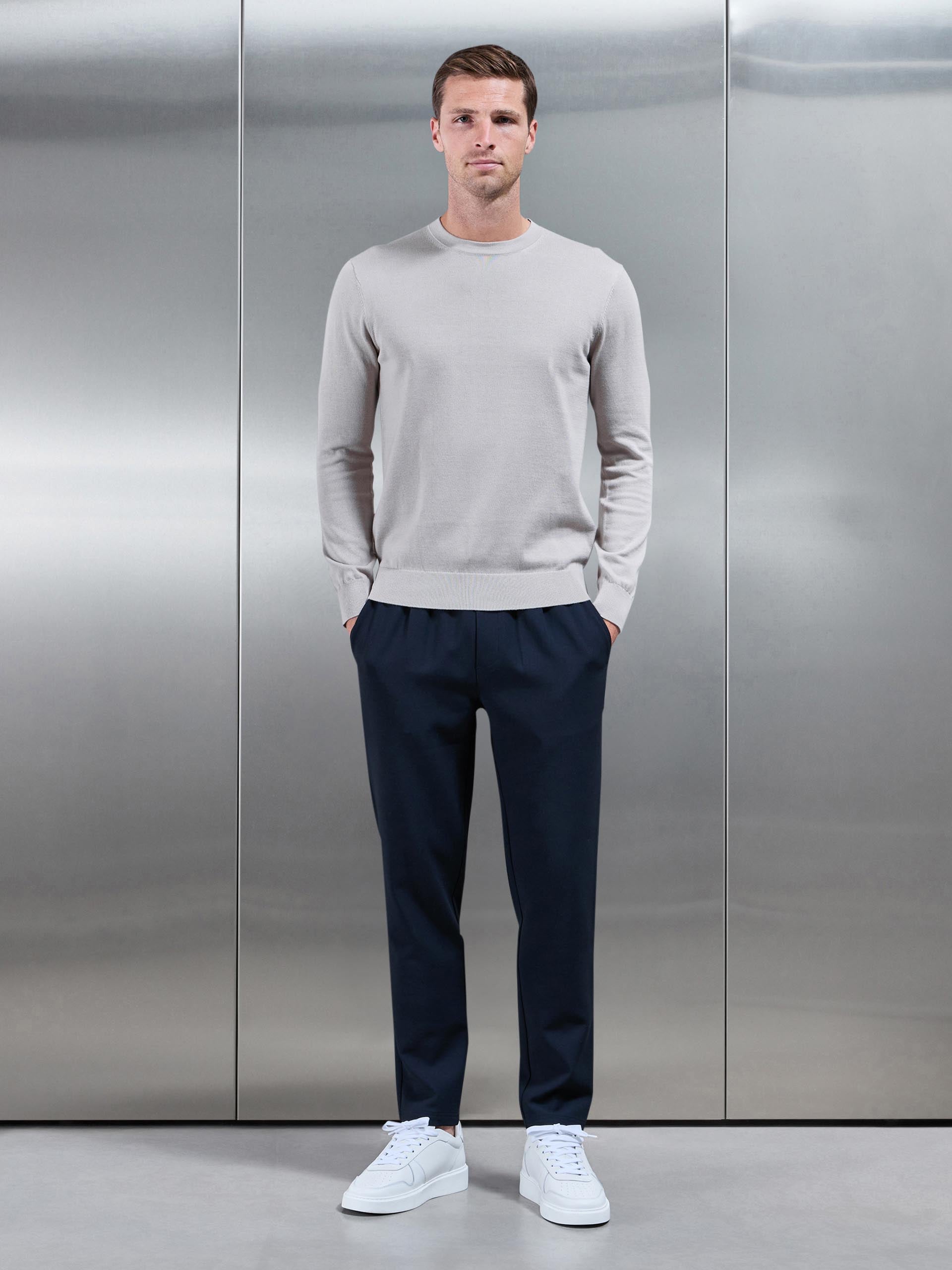 Cotton Knitted Crew Neck Sweatshirt in Stone