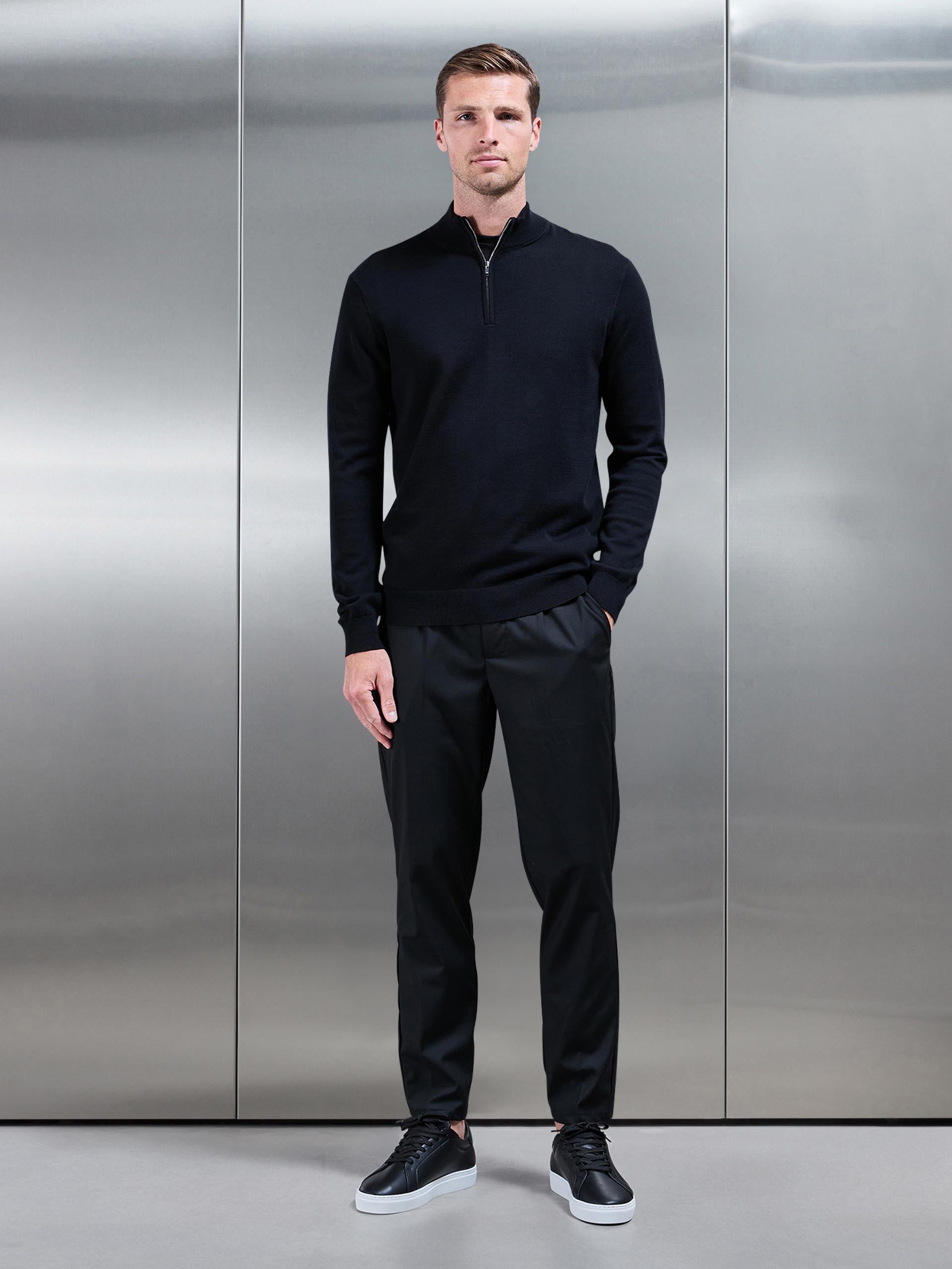 Cotton Knitted Half Zip Funnel Neck Jumper in Black