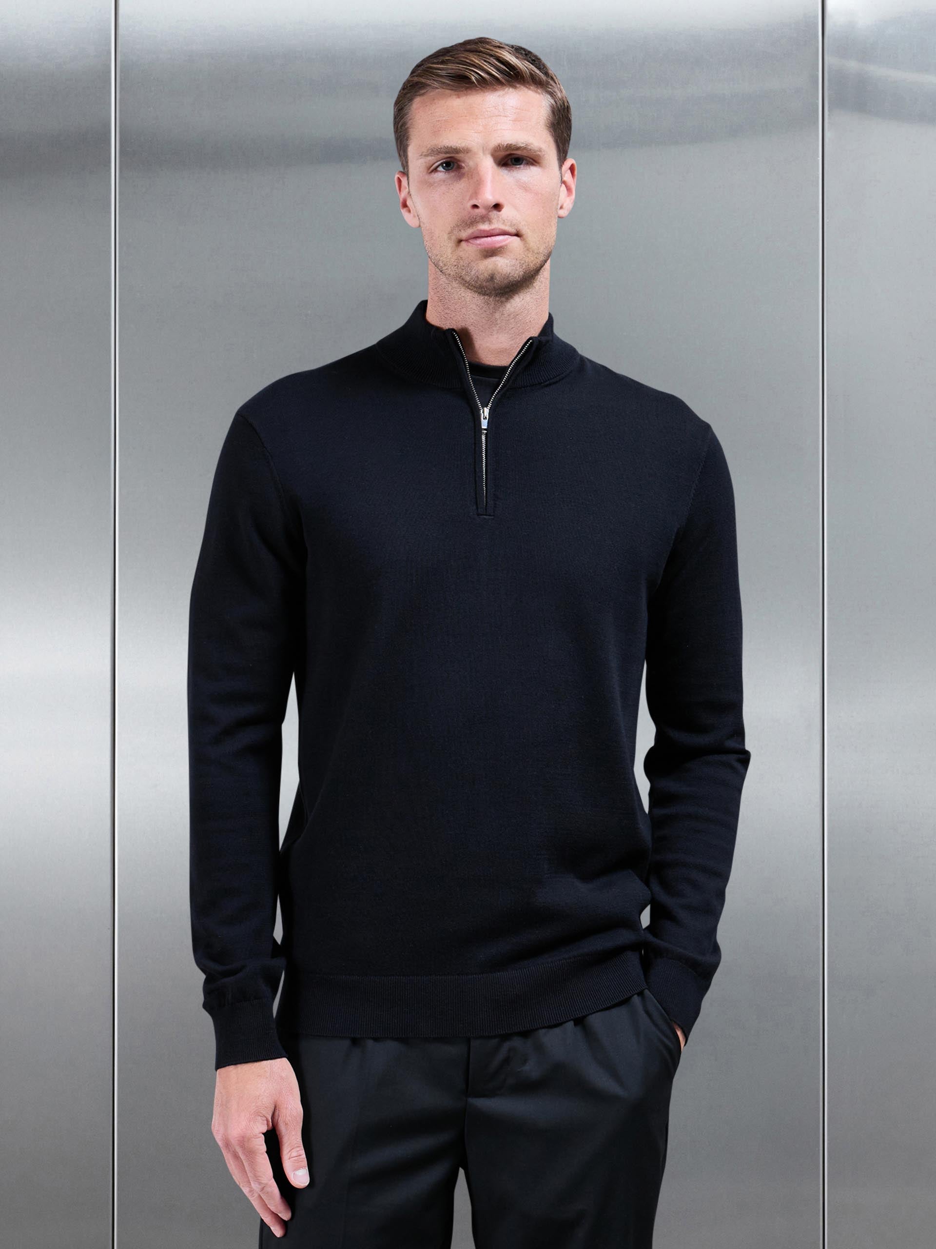 Cotton Knitted Half Zip Funnel Neck Jumper in Black