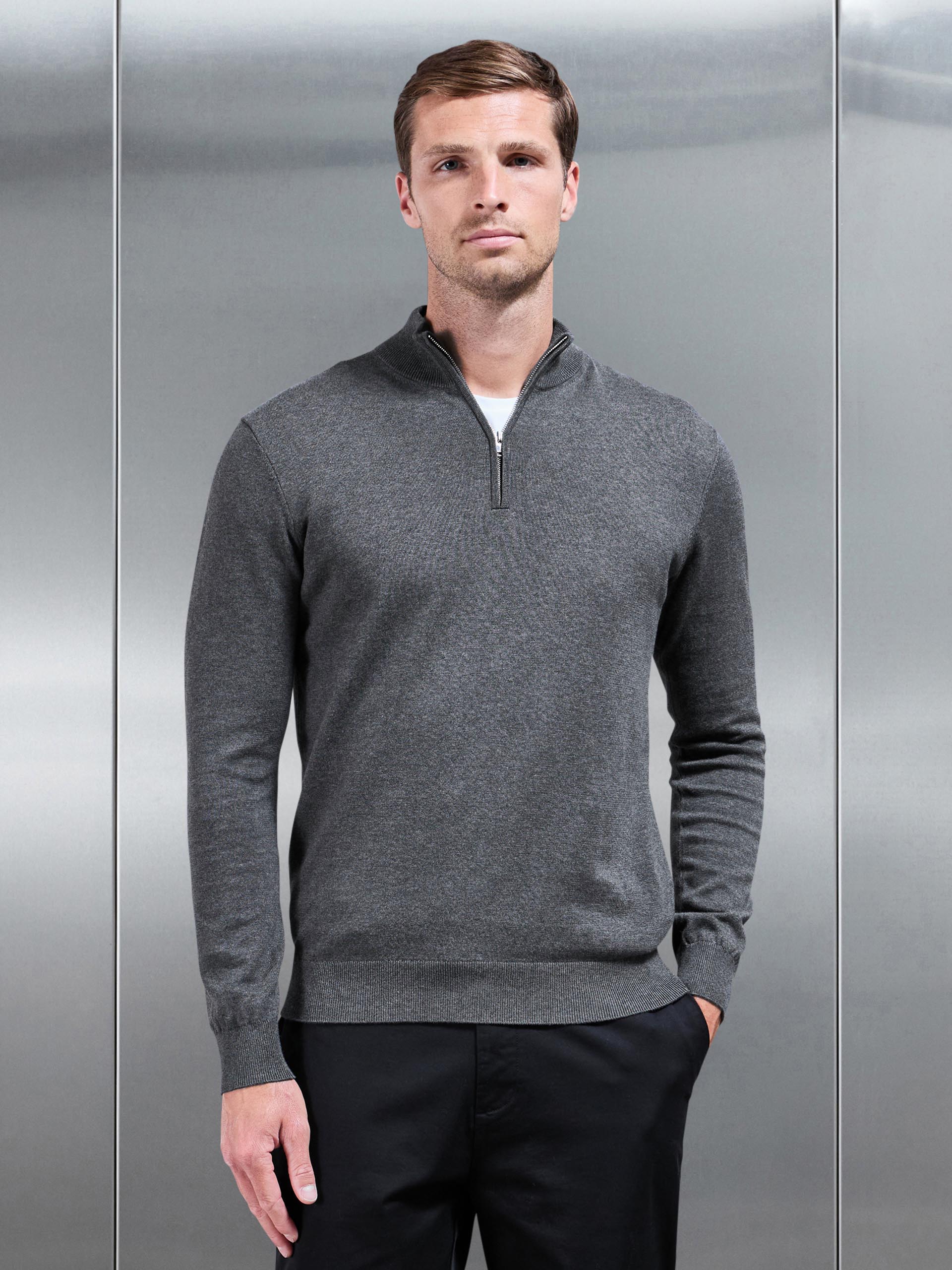 Cotton Knitted Half Zip Funnel Neck Jumper in Charcoal Marl