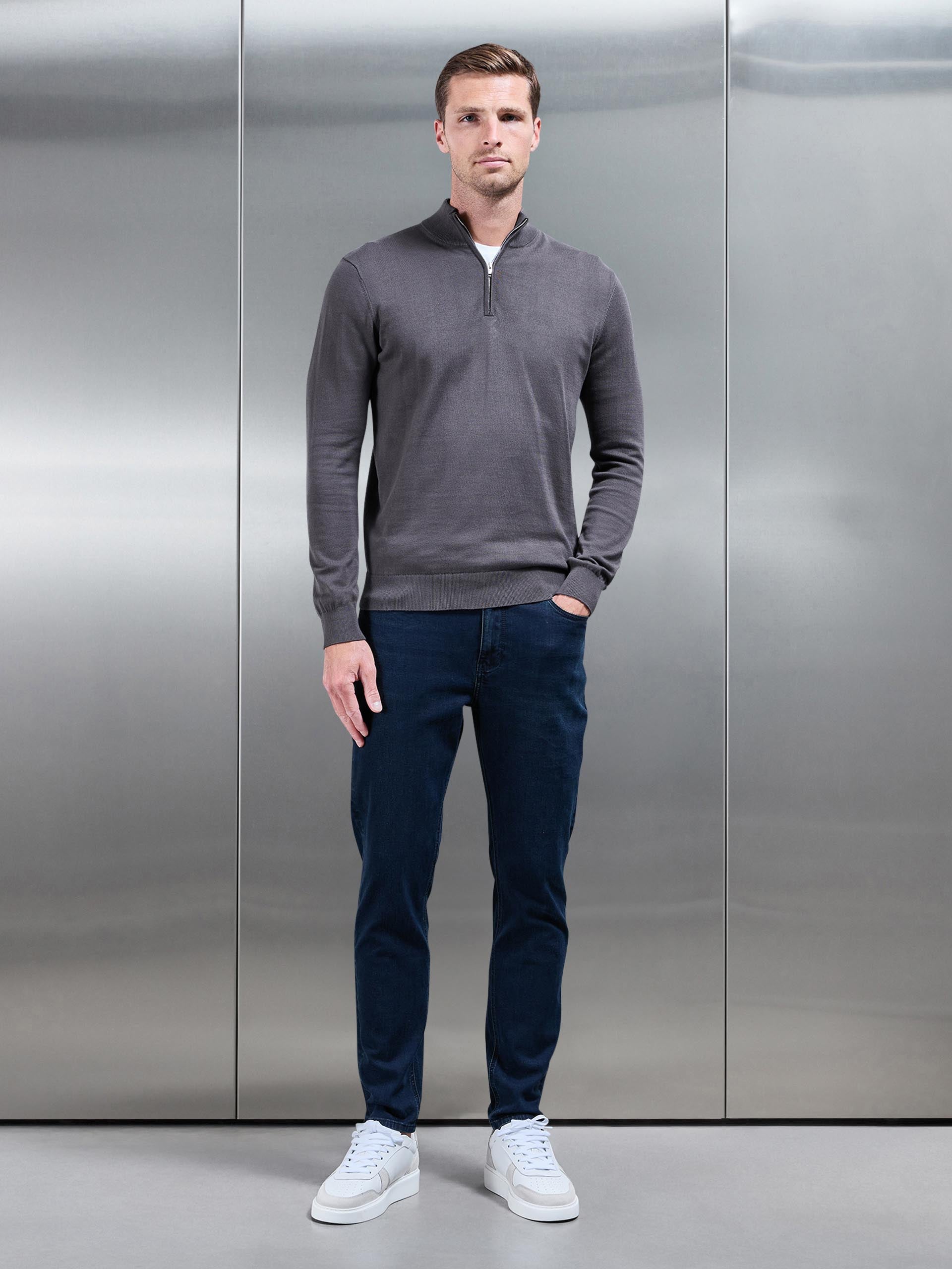 Cotton Knitted Half Zip Funnel Neck Jumper in Grey