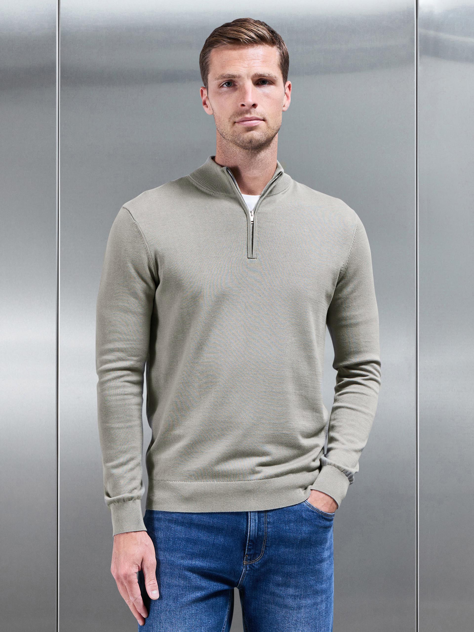 Cotton Knitted Half Zip Funnel Neck Jumper in Light Sage