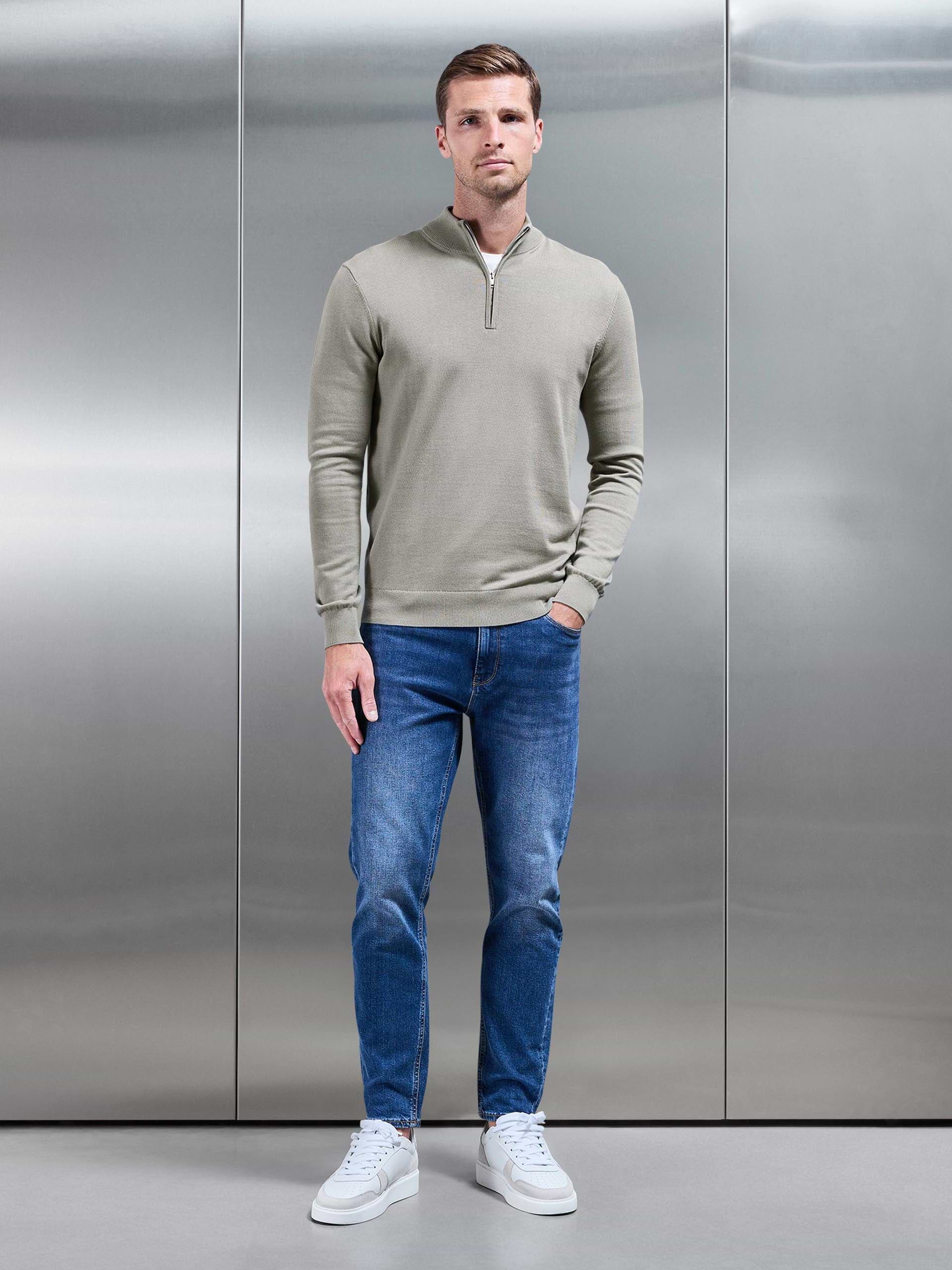 Cotton Knitted Half Zip Funnel Neck Jumper in Light Sage