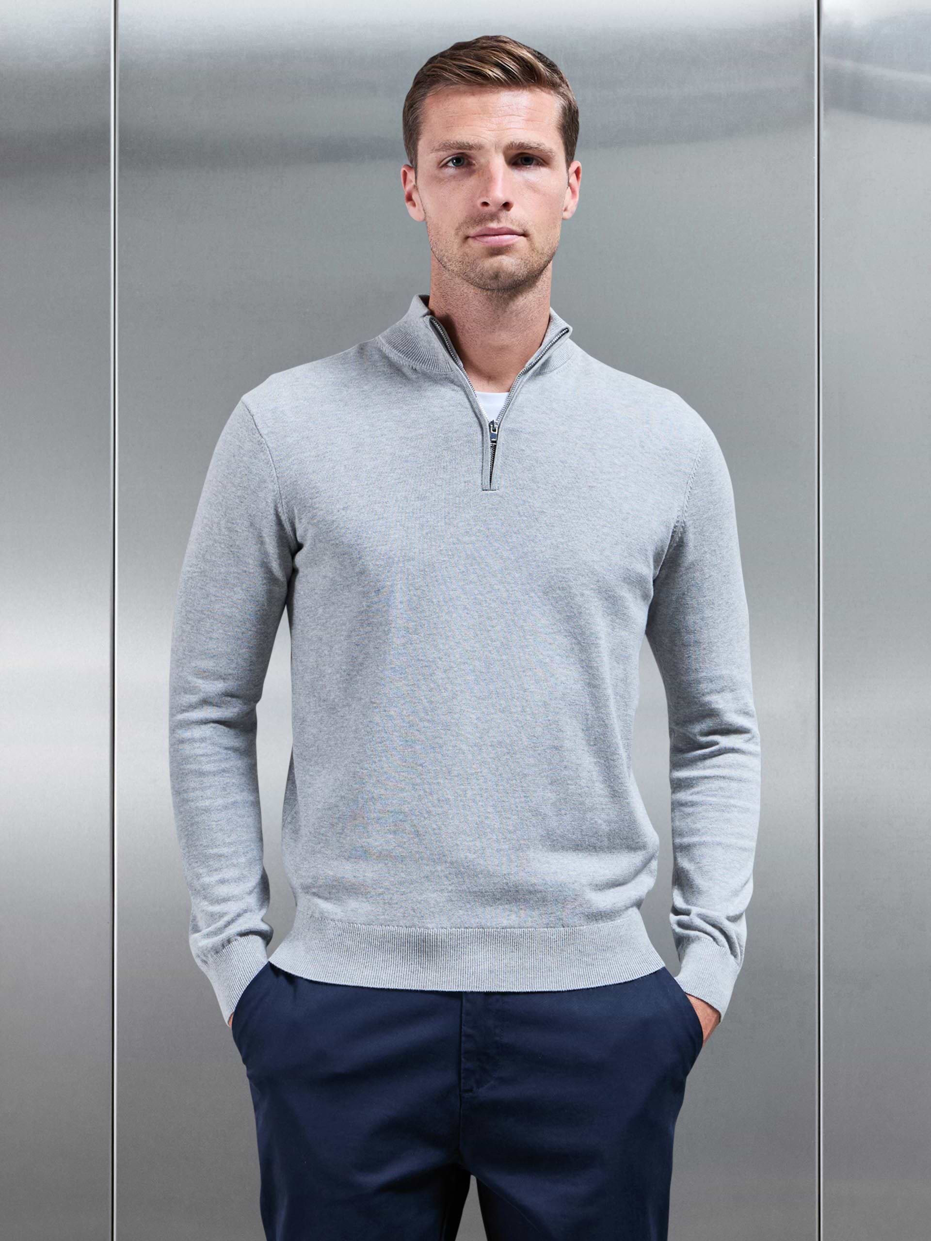 Cotton Knitted Half Zip Funnel Neck Jumper in Marl Grey
