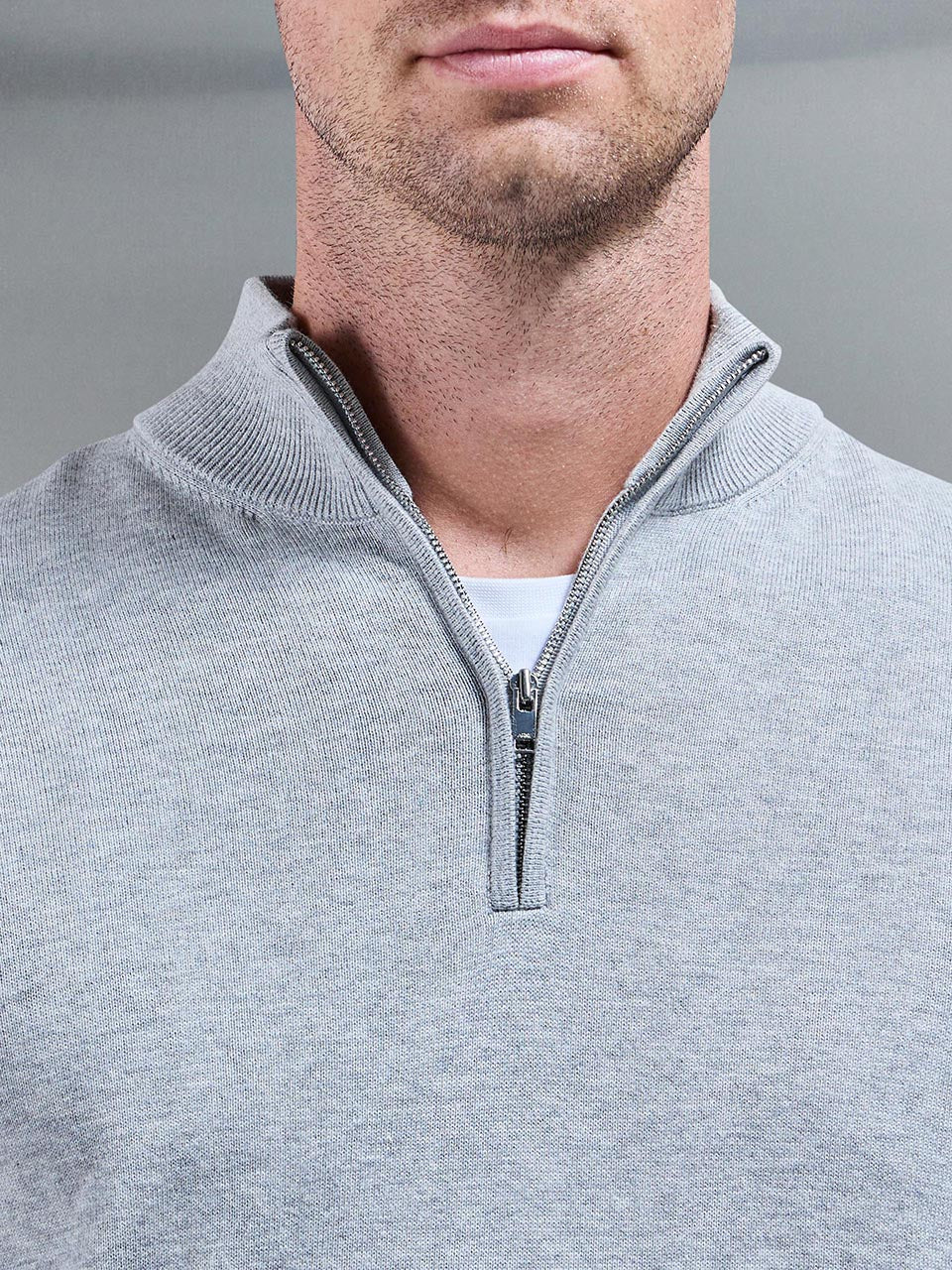 Cotton Knitted Half Zip Funnel Neck Jumper in Marl Grey
