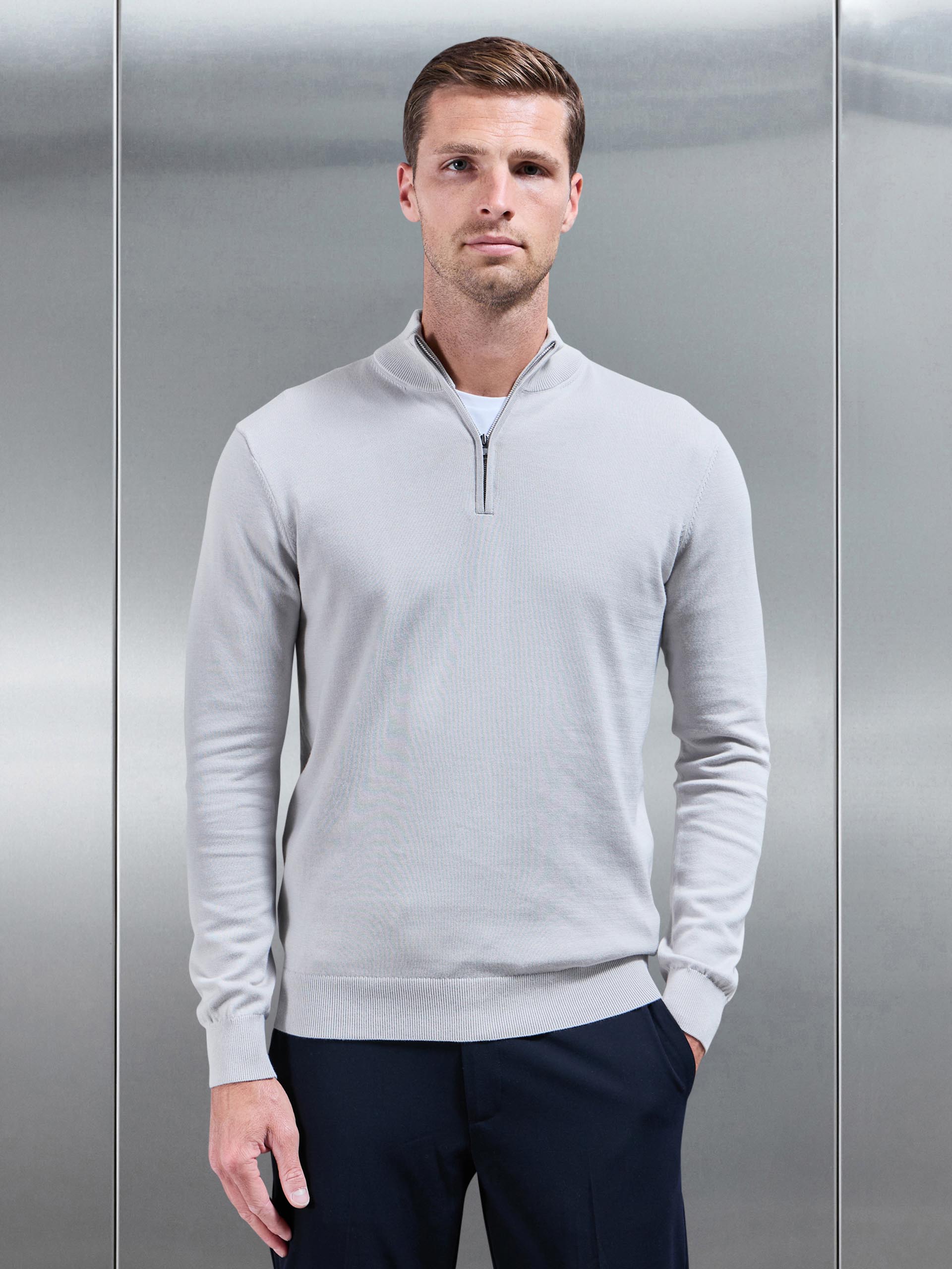 Cotton Knitted Half Zip Funnel Neck Jumper in Mid Grey