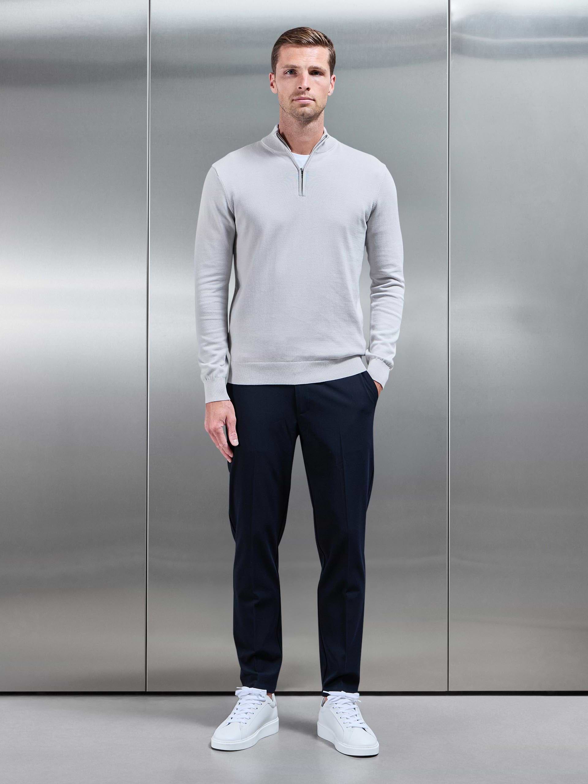 Cotton Knitted Half Zip Funnel Neck Jumper in Mid Grey