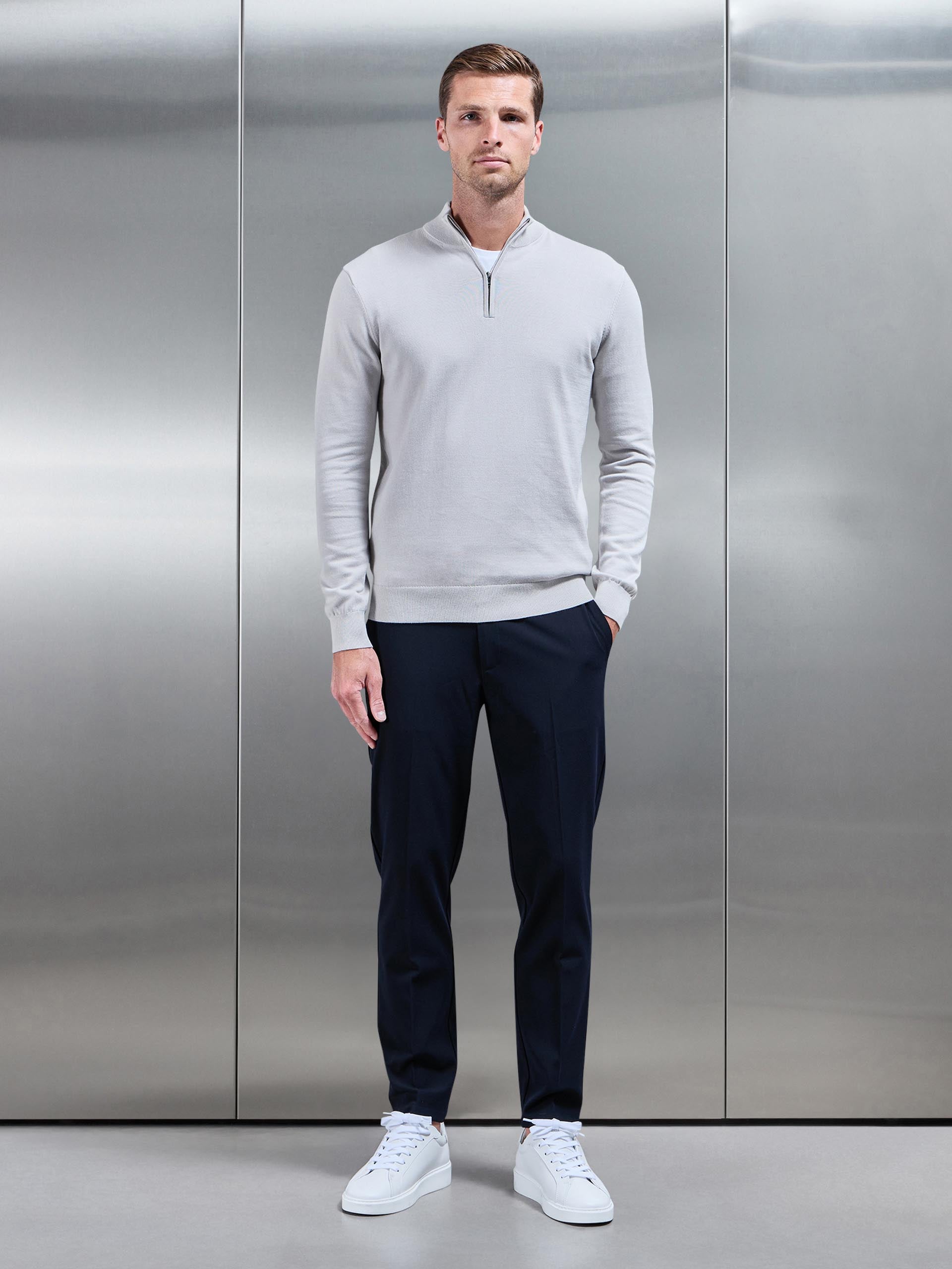 Cotton Knitted Half Zip Funnel Neck Jumper in Mid Grey