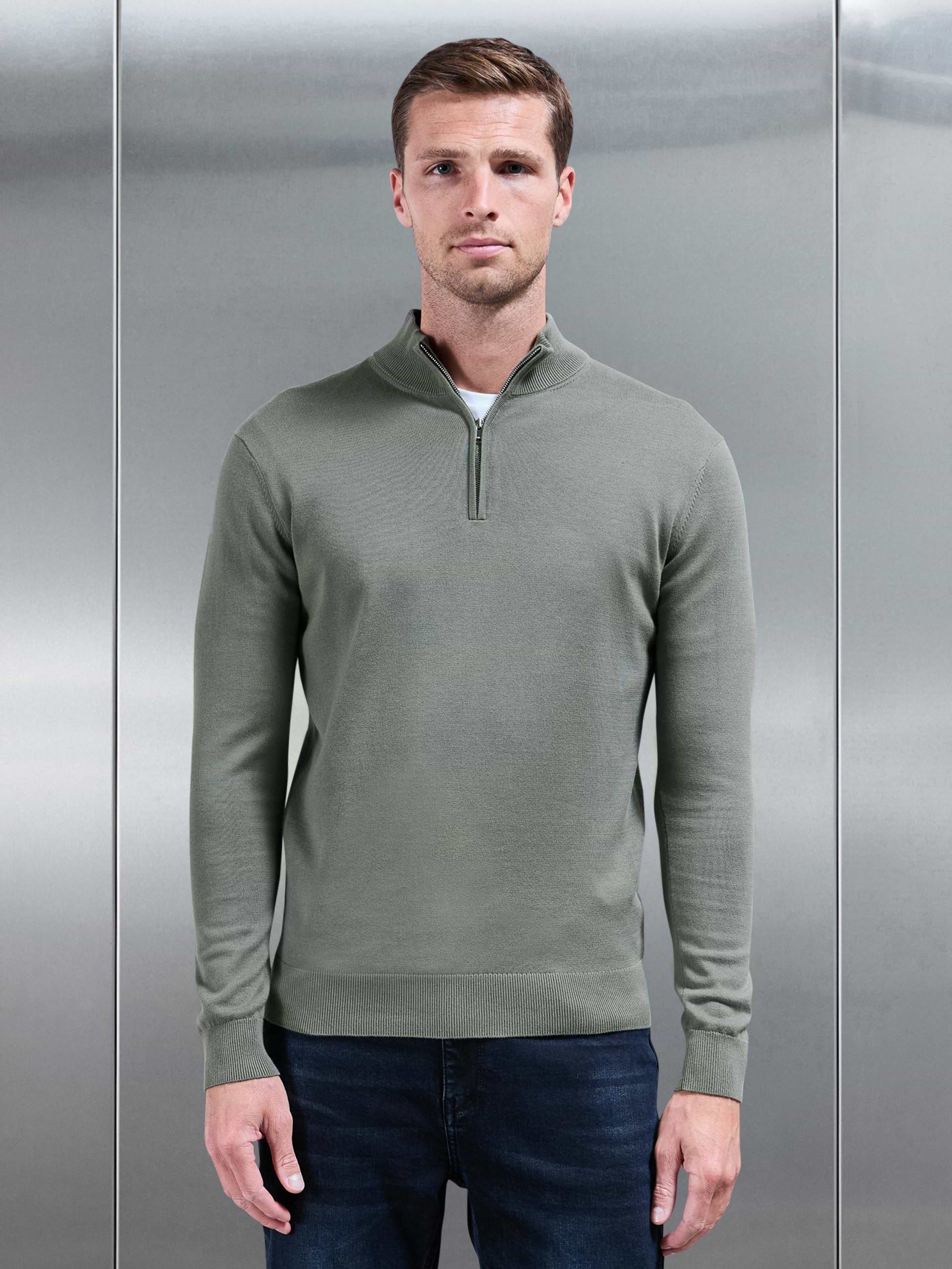 Cotton Knitted Half Zip Funnel Neck Jumper in Sage