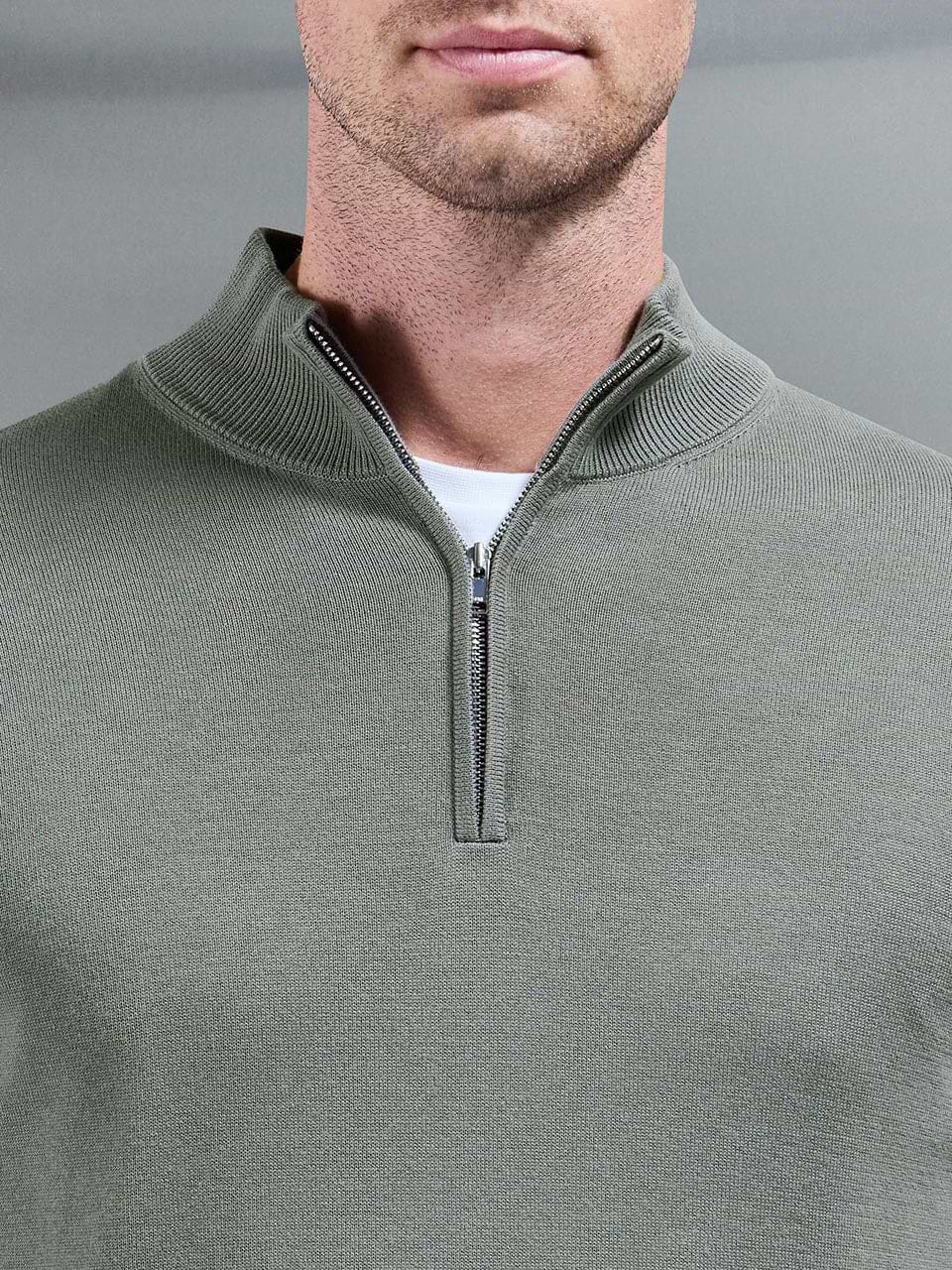 Cotton Knitted Half Zip Funnel Neck Jumper in Sage