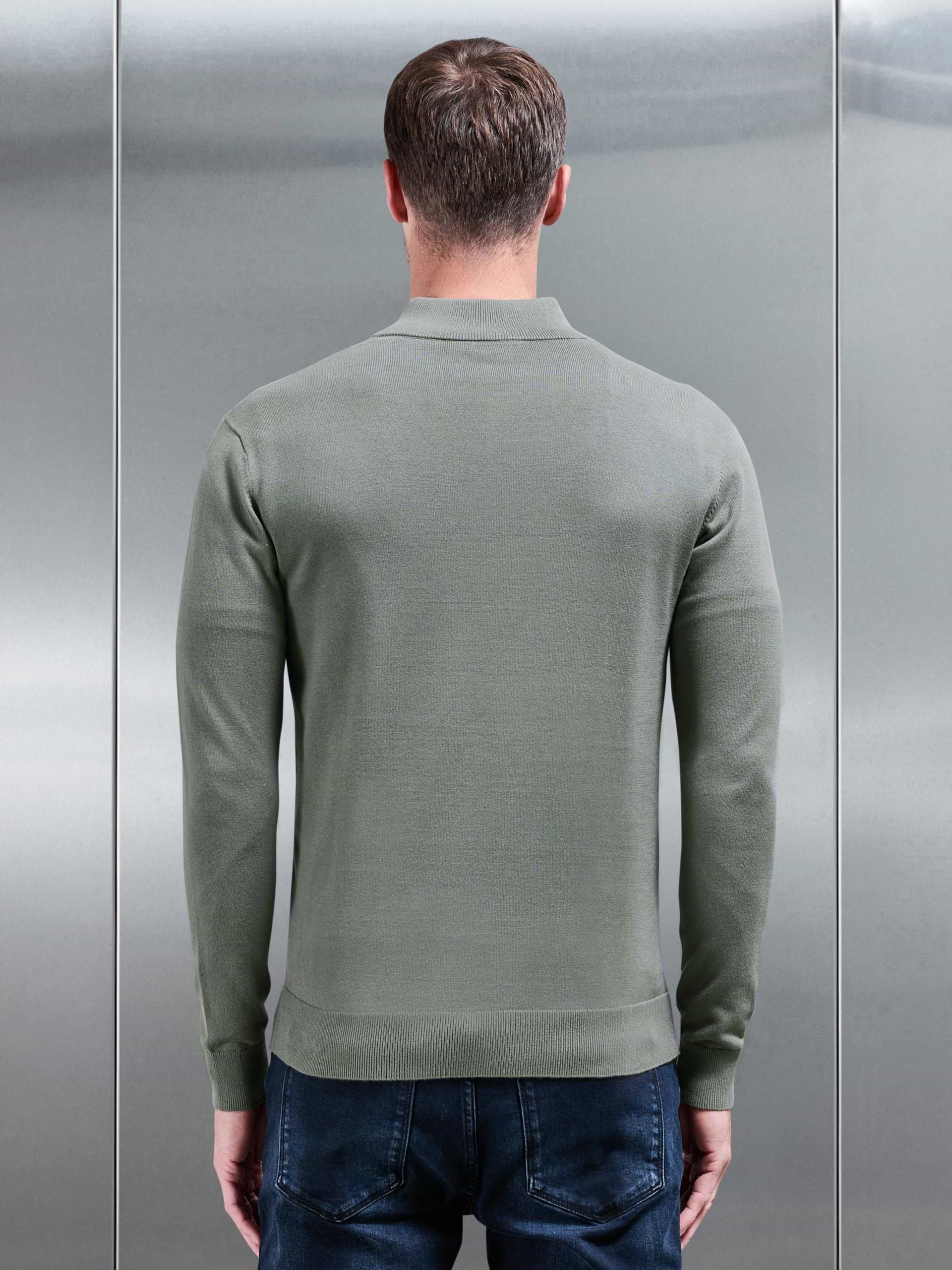 Cotton Knitted Half Zip Funnel Neck Jumper in Sage