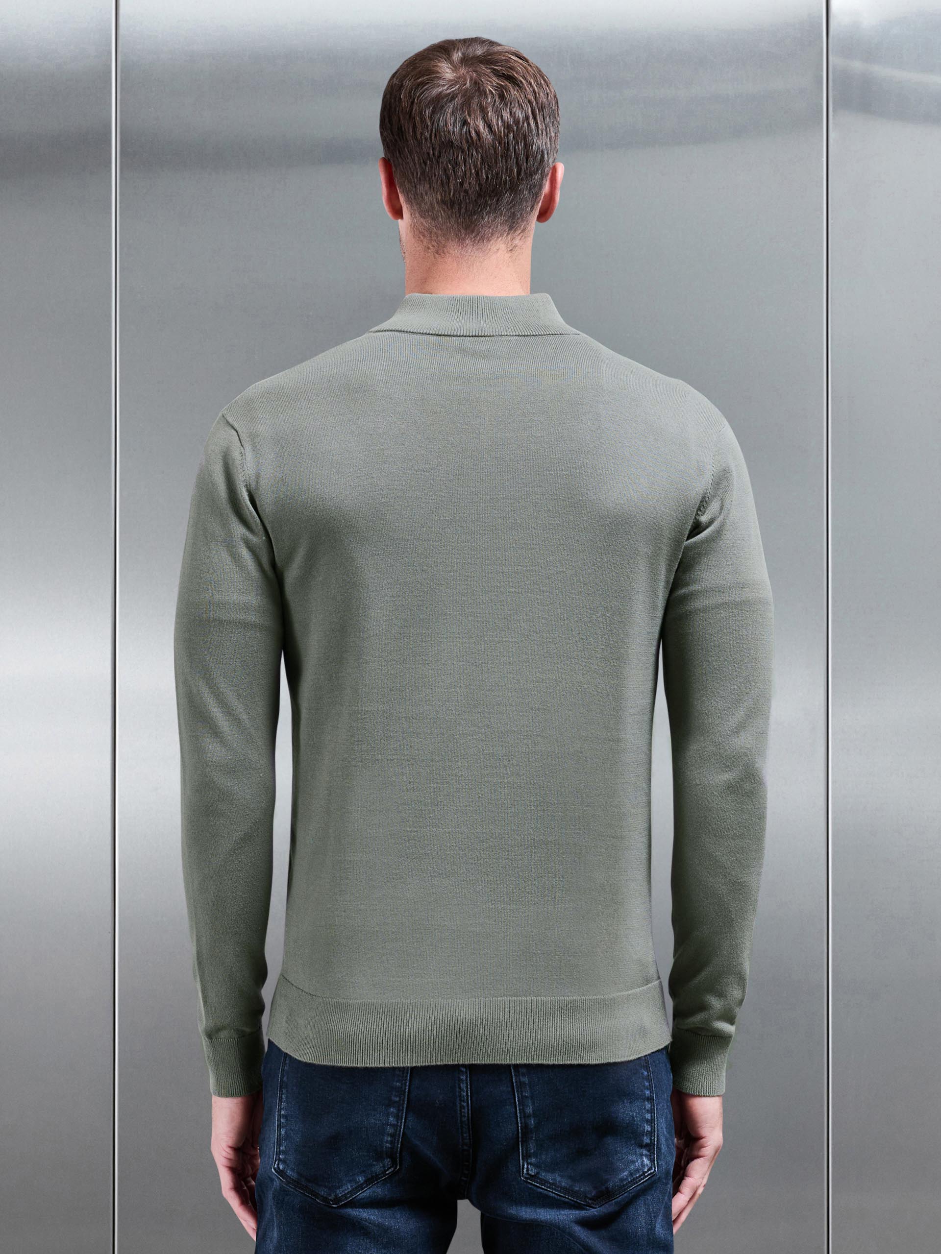 Cotton Knitted Half Zip Funnel Neck Jumper in Sage