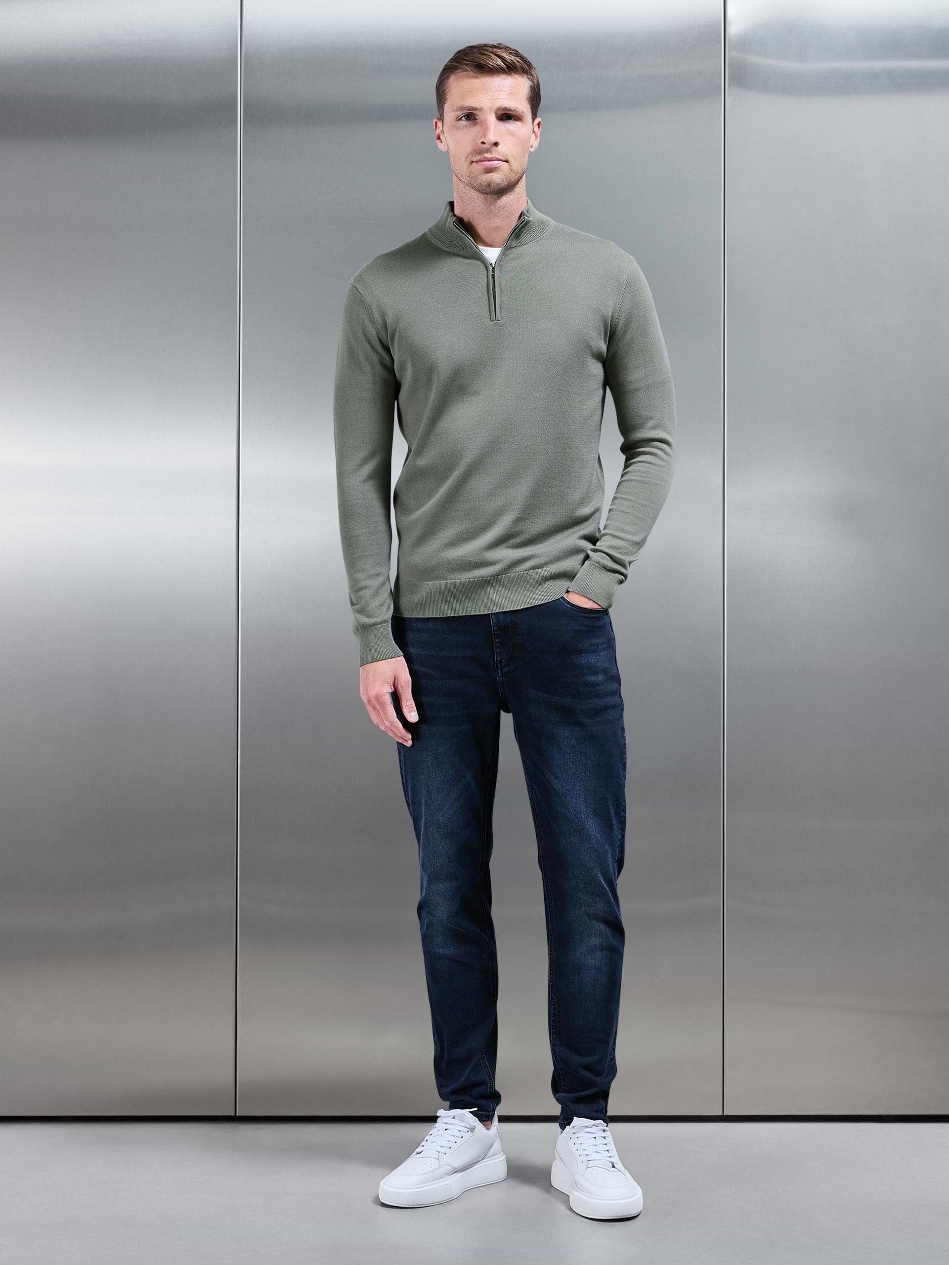 Cotton Knitted Half Zip Funnel Neck Jumper in Sage