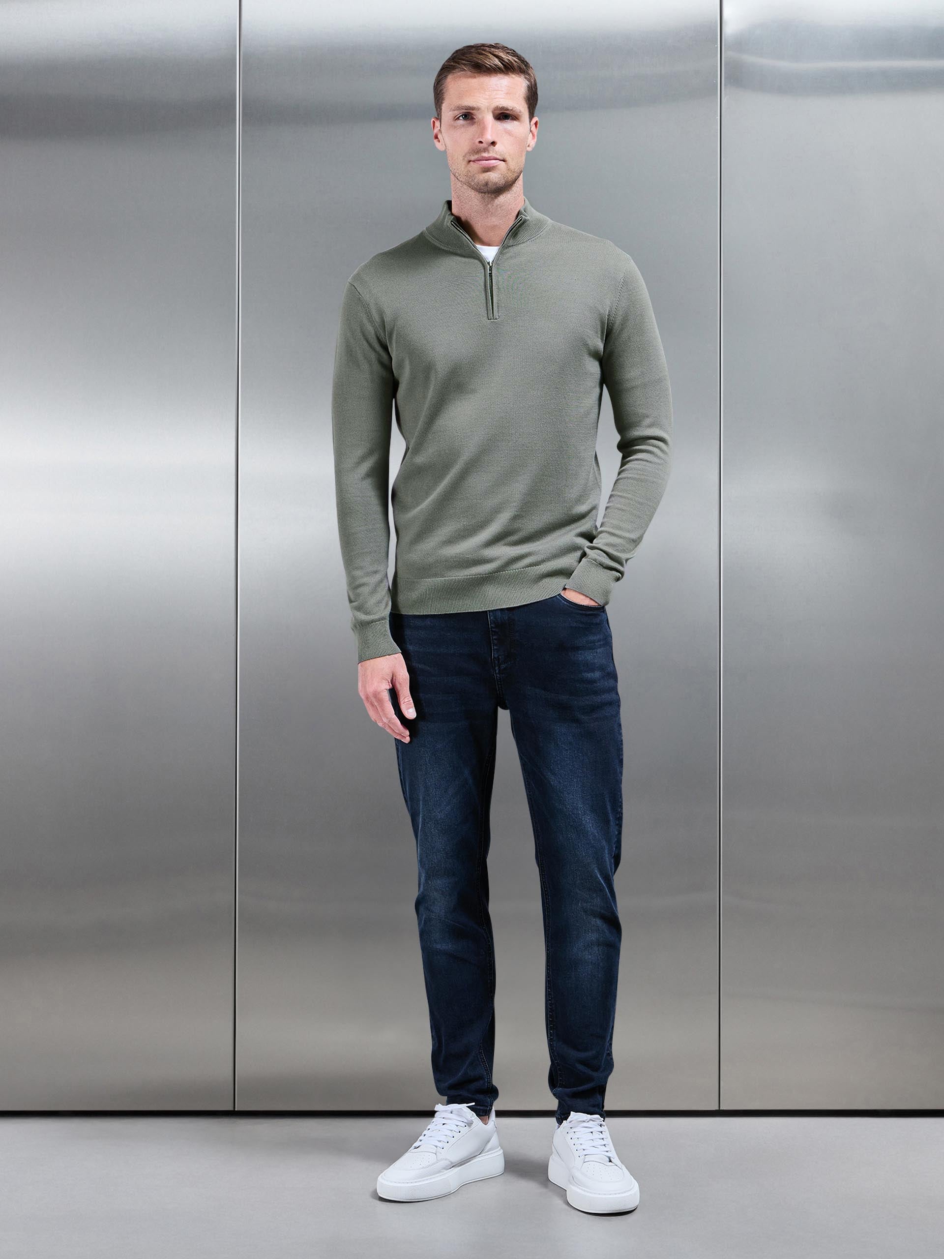 Cotton Knitted Half Zip Funnel Neck Jumper in Sage