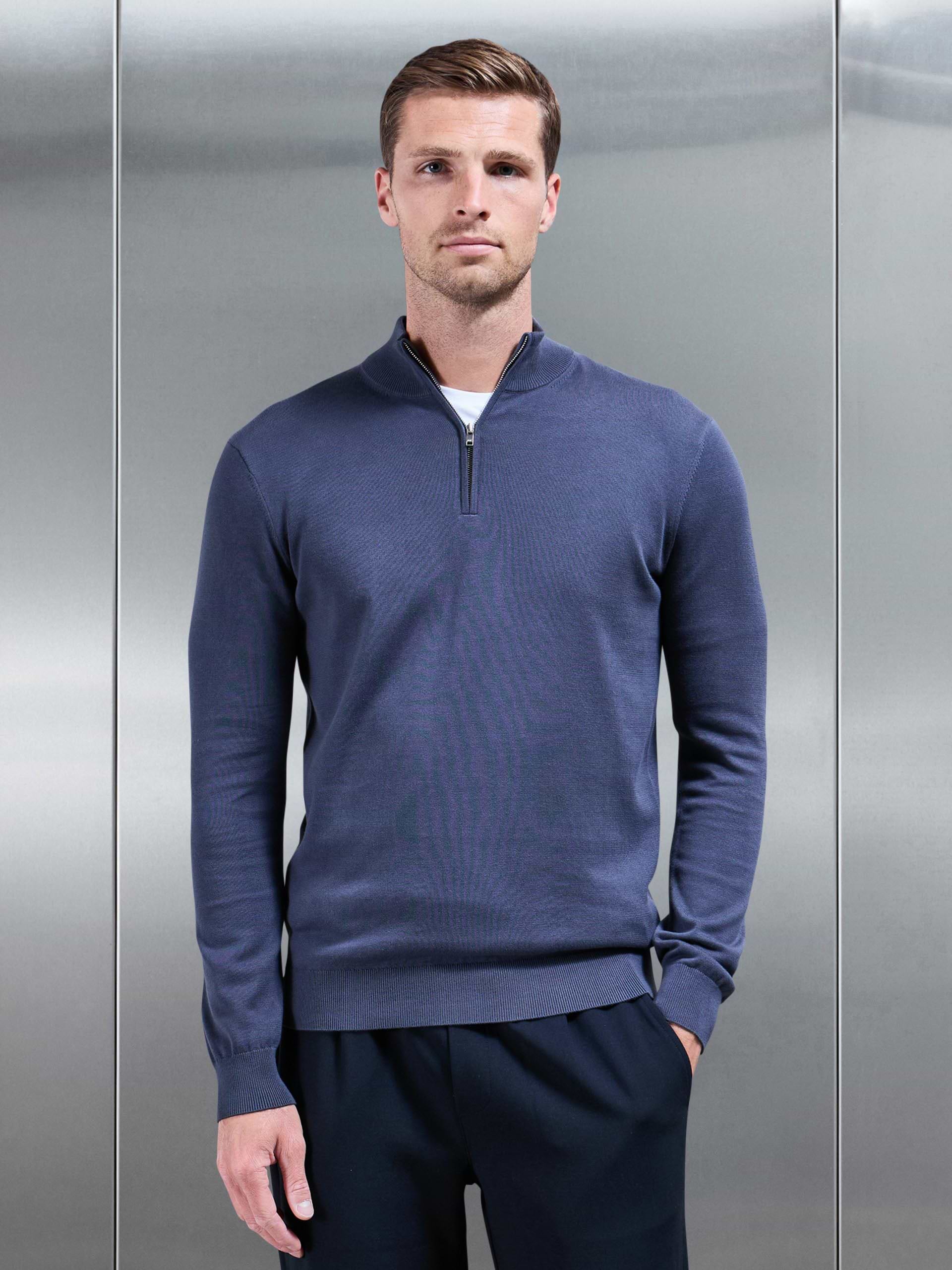Cotton Knitted Half Zip Funnel Neck Jumper in Slate Blue
