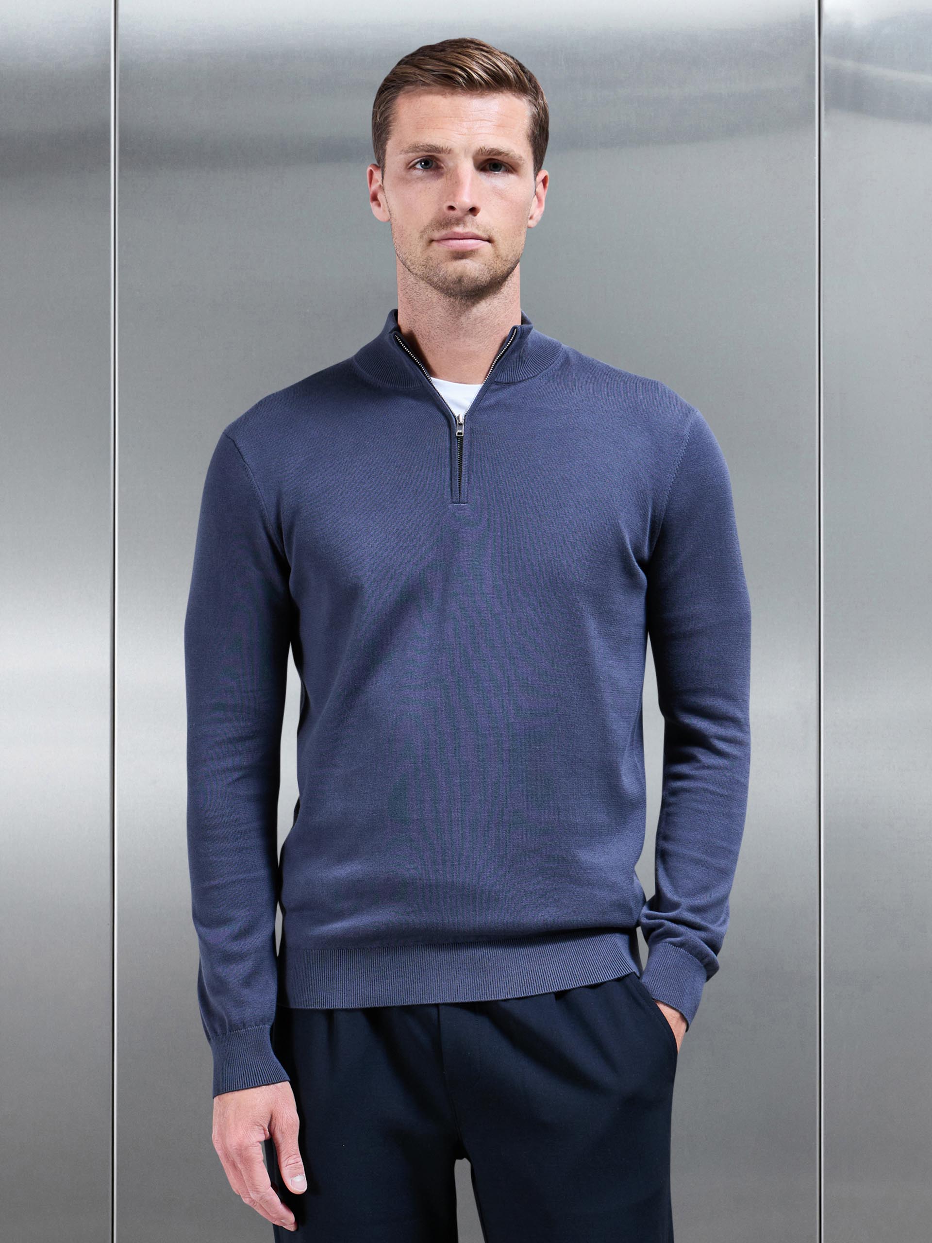 Cotton Knitted Half Zip Funnel Neck Jumper in Slate Blue