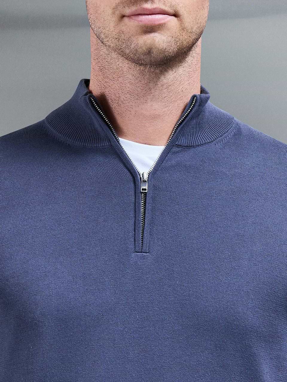 Cotton Knitted Half Zip Funnel Neck Jumper in Slate Blue