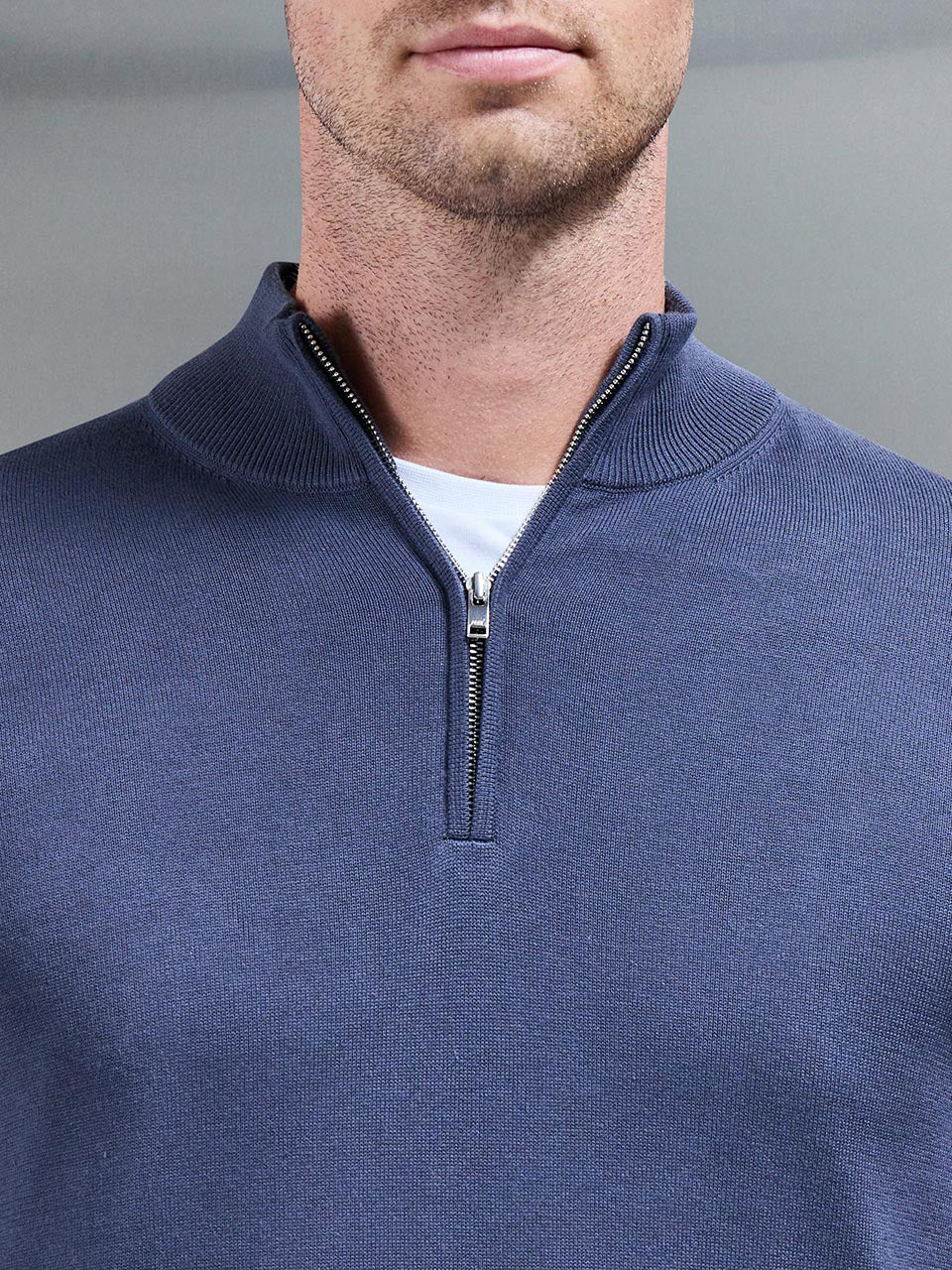 Cotton Knitted Half Zip Funnel Neck Jumper in Slate Blue